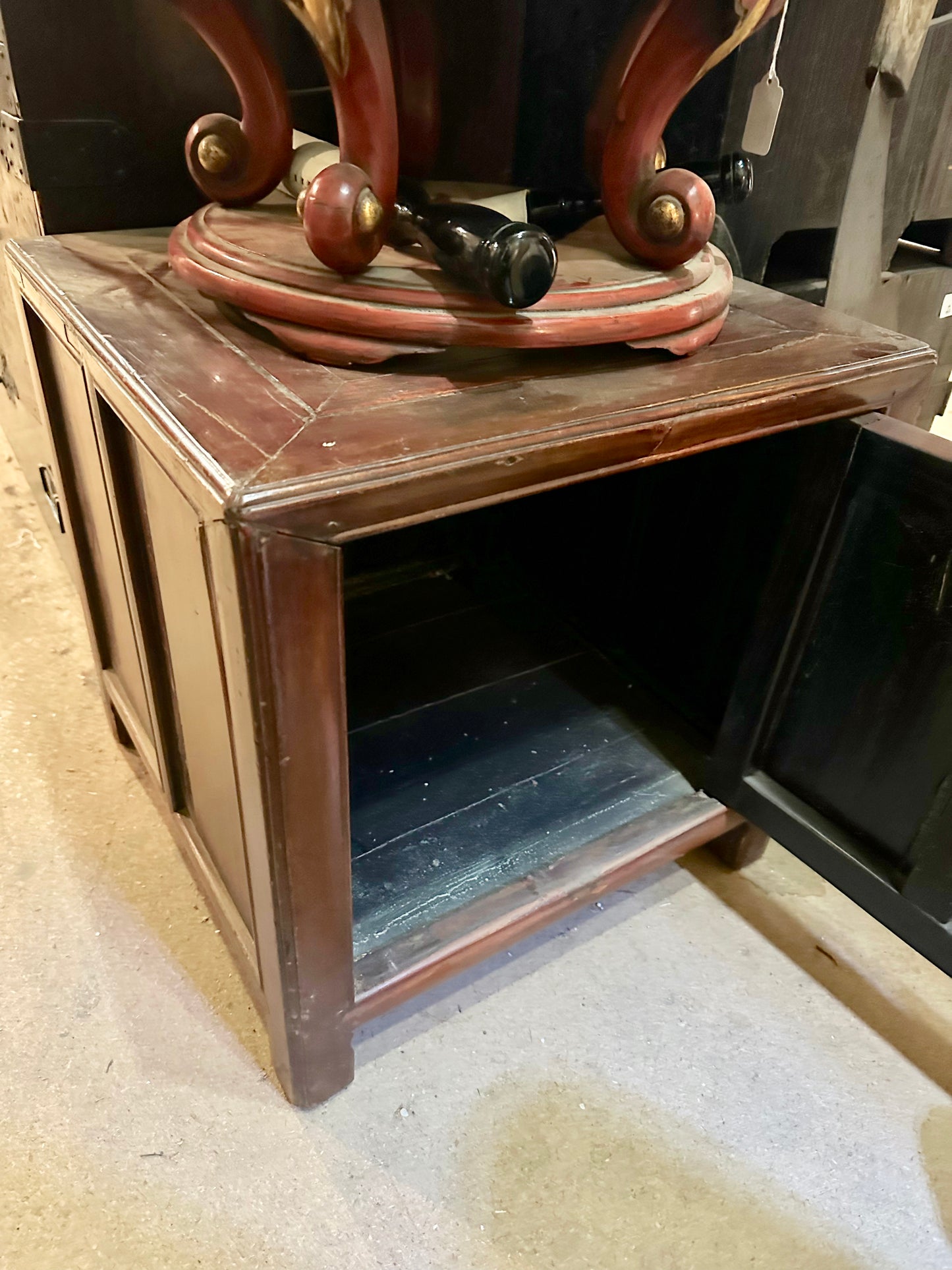 Vintage Chinese Cabinet Red Lacquer End Table Nightstand 20”H