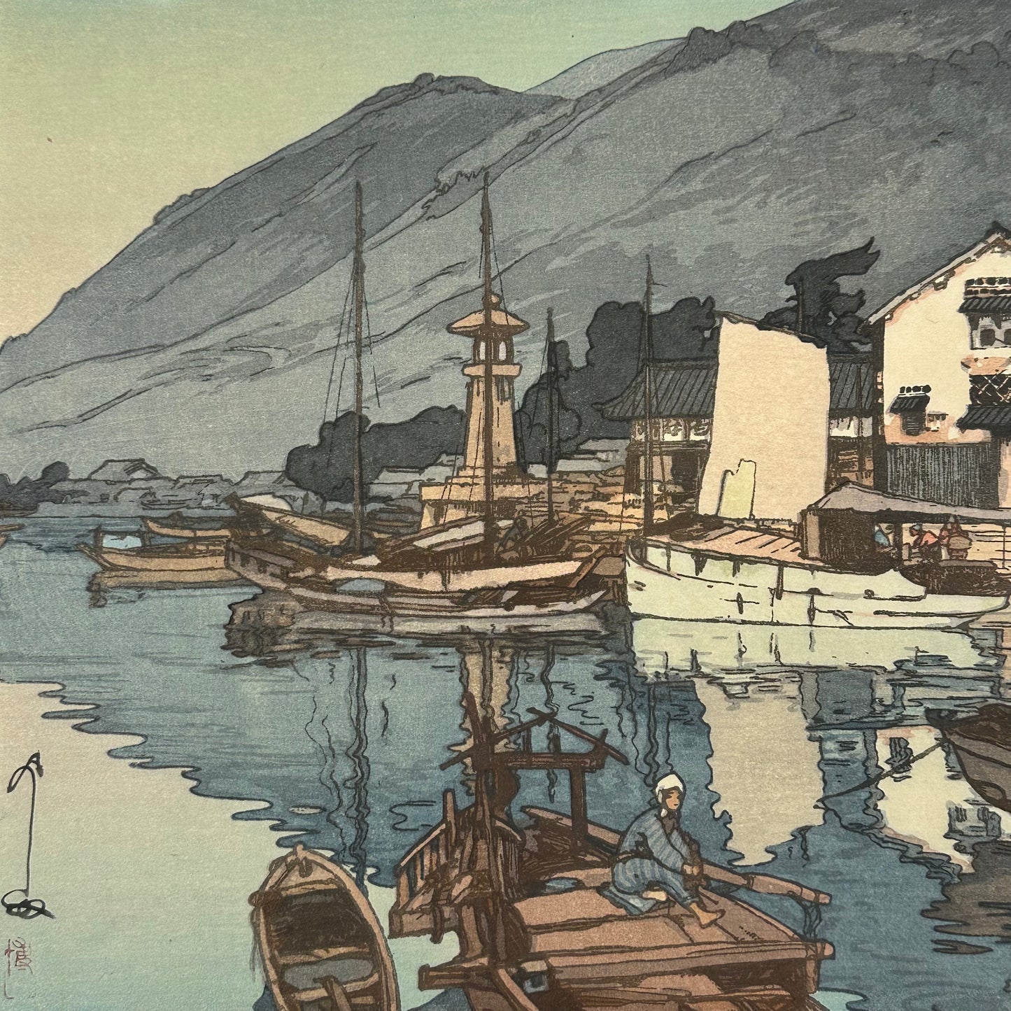 Hiroshi Yoshida Woodblock Print "Harbor of Tomonoura" 1930 Original