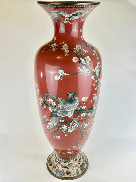 Rare Antique Japanese Meiji Era (late 1800's) Cloisonné Vase Falcon 34"