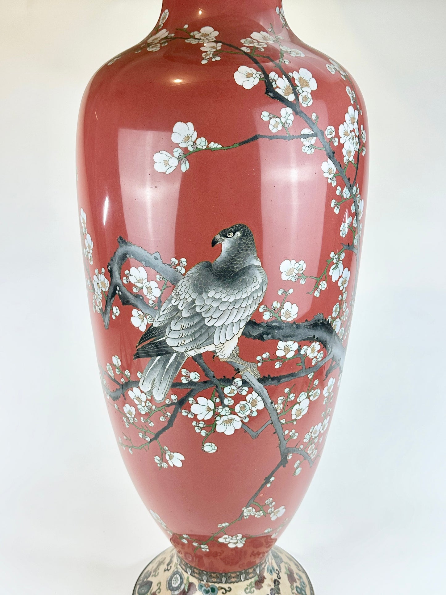 Rare Antique Japanese Meiji Era (late 1800's) Cloisonné Vase Falcon 34"
