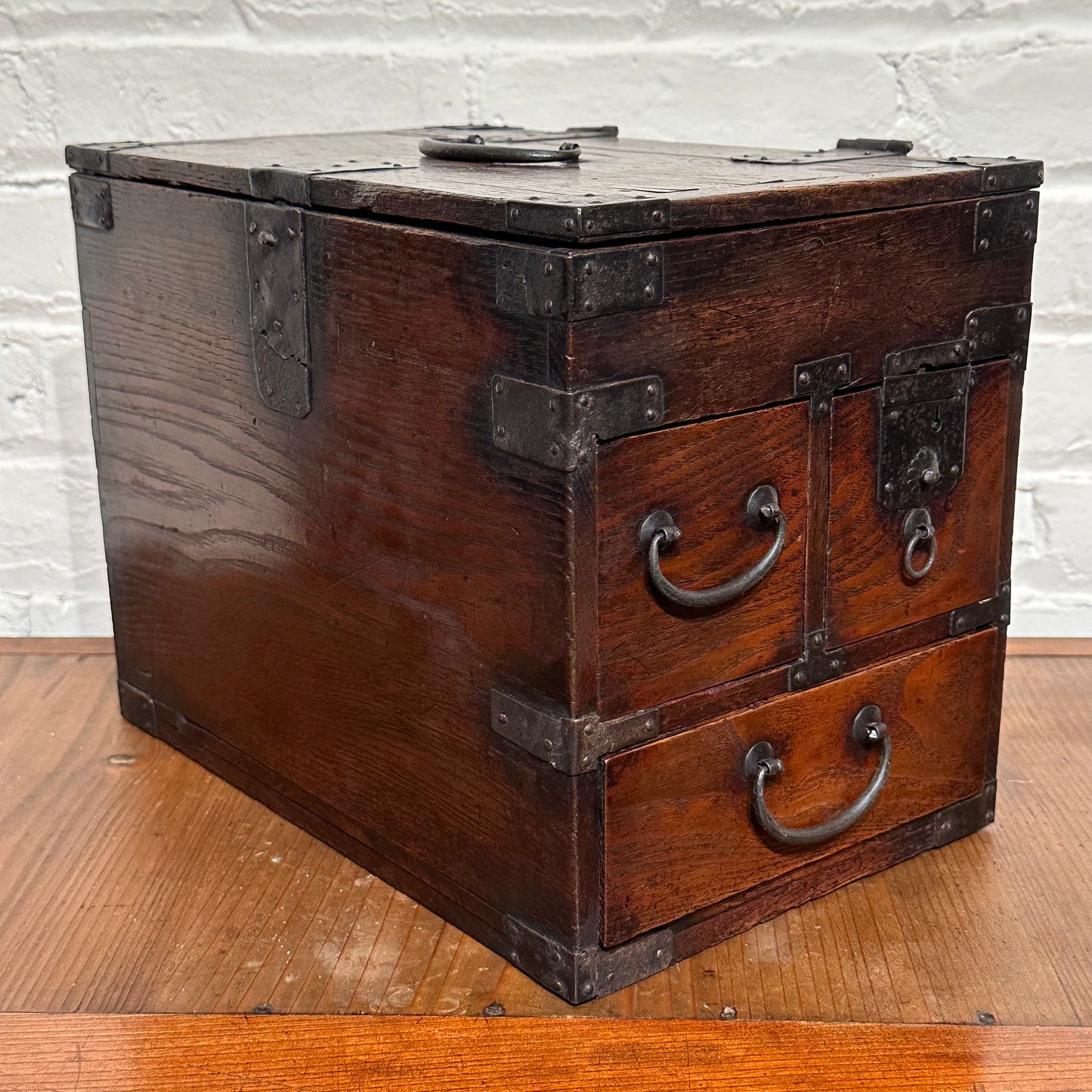 Antique Japanese Meiji Era 1880's Suzuribako Calligraphy Tansu Chestnut 3 Drawer 13"