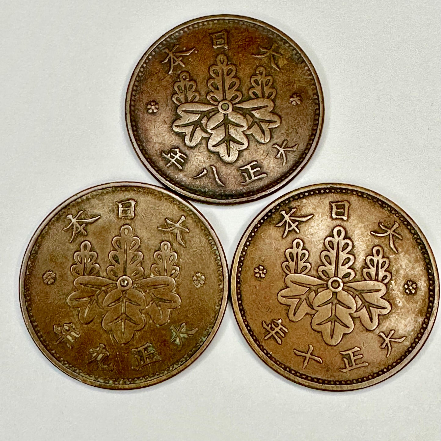 Japanese Bronze Coins 1919/20/21 Set of 3 One Sen Paulownia Crest Taisho 8 9 10