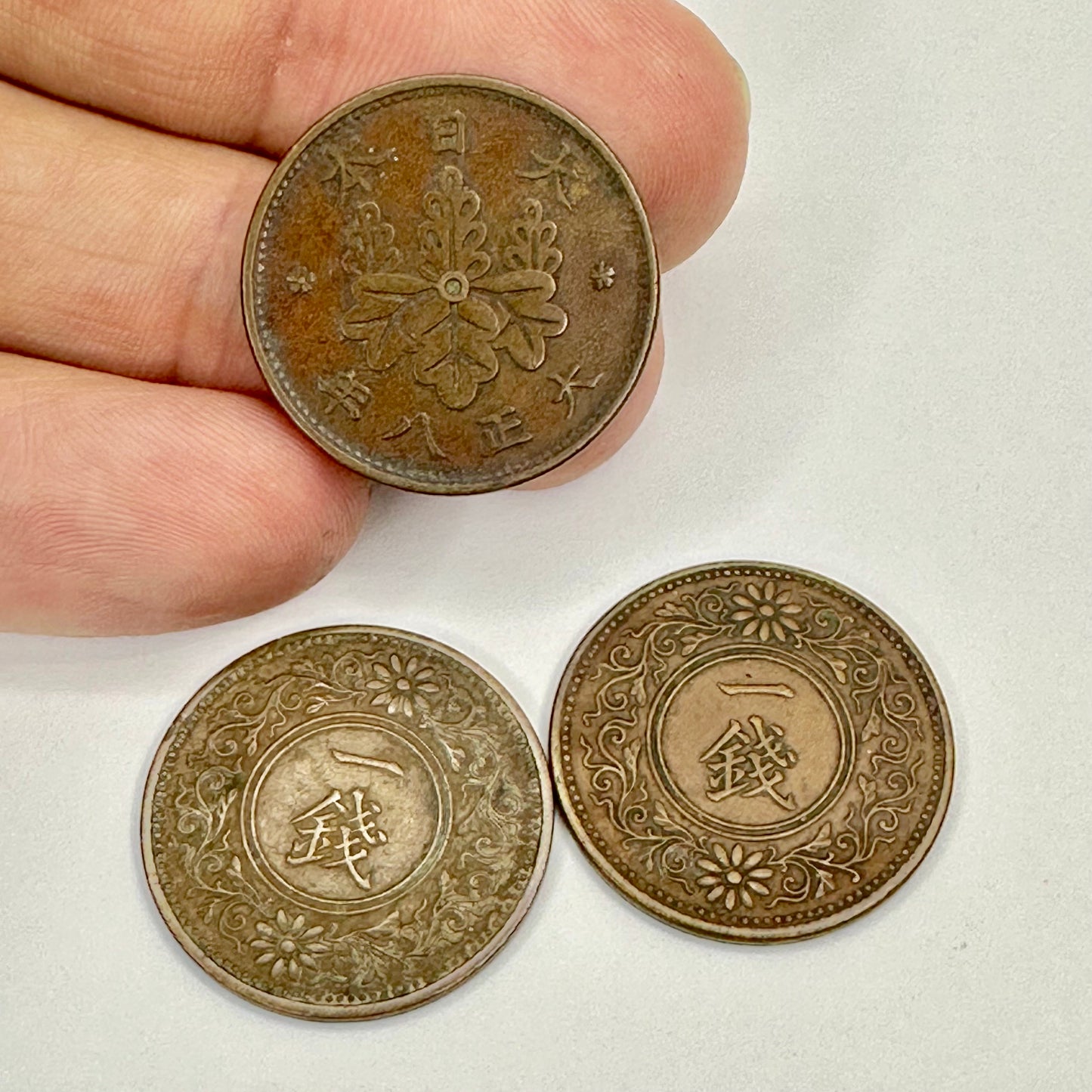 Japanese Bronze Coins 1919/20/21 Set of 3 One Sen Paulownia Crest Taisho 8 9 10