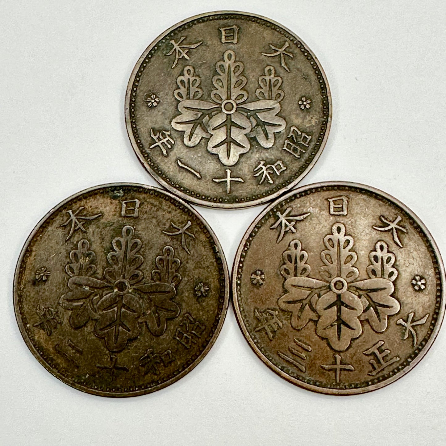 Japanese Bronze 1 Sen Coins 1922/23/24 Set 3 Paulownia Crest Taisho 11 12 13