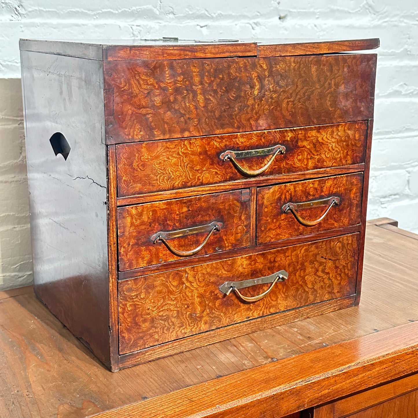 Antique Japanese 4 Drawer Kyodai Vanity Tansu Mullberry Wood 14" Haribako