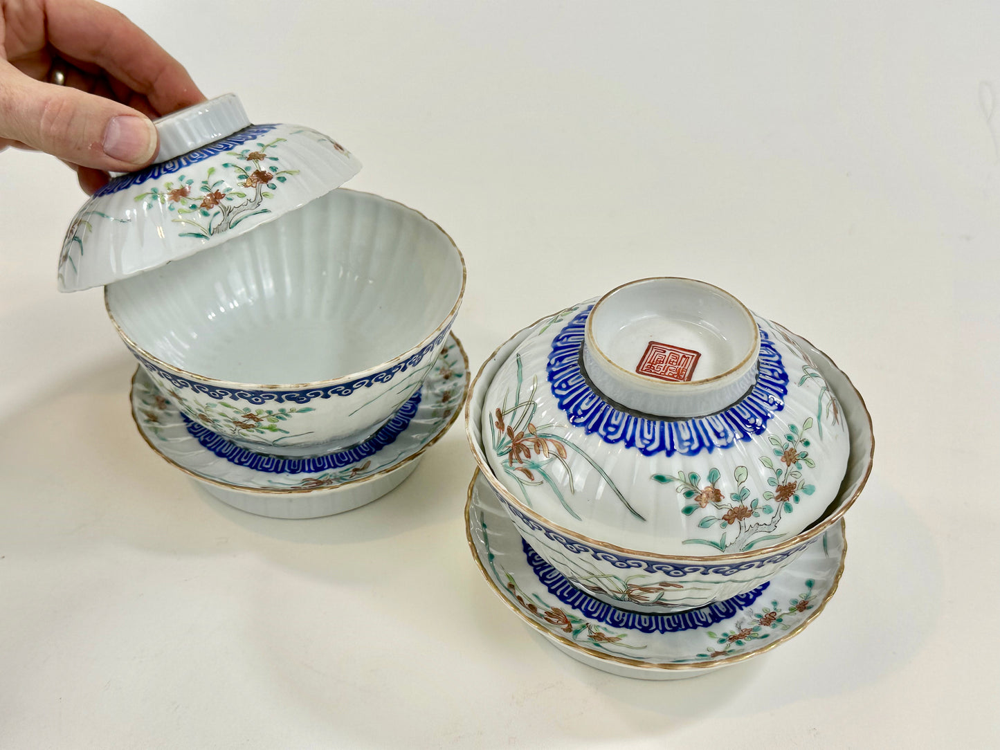 Antique Chinese Pair of Gaiwan Tea Cups c1910/20's Blue & White