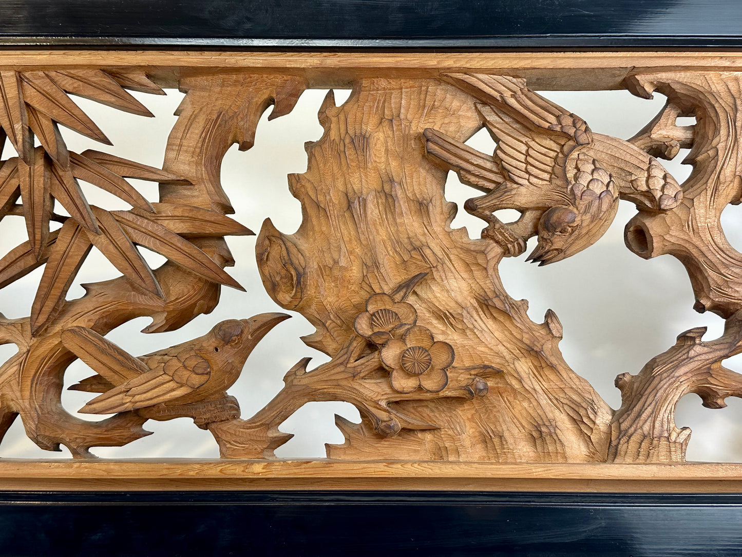 Vintage Japanese Pair Ranma Transom Pine Bamboo Plum Sugi Wood 72"