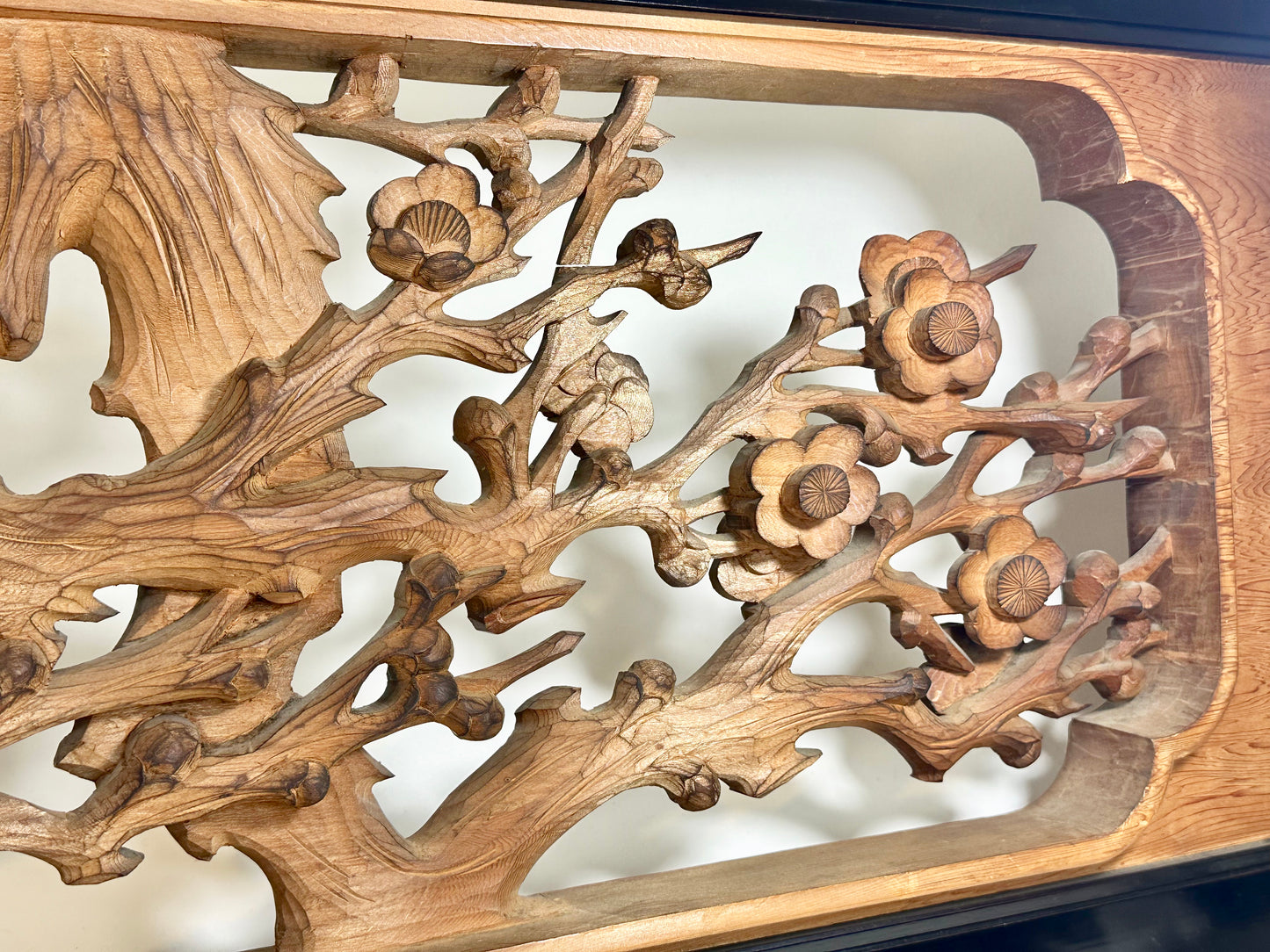 Vintage Japanese Pair Ranma Transom Pine Bamboo Plum Sugi Wood 72"