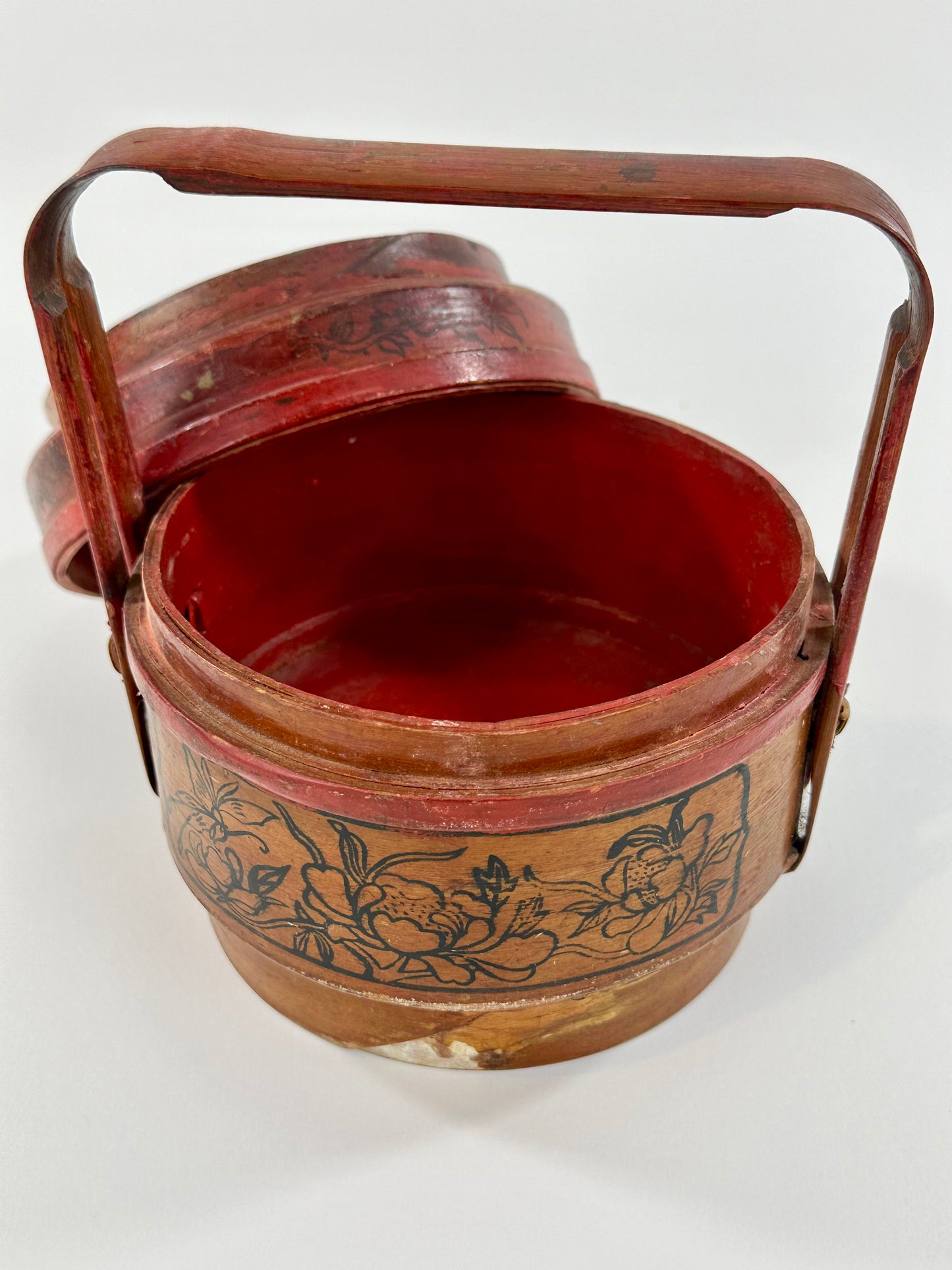 Vintage Chinese Miniature Wedding Lacquer Rattan Basket/Box 6"