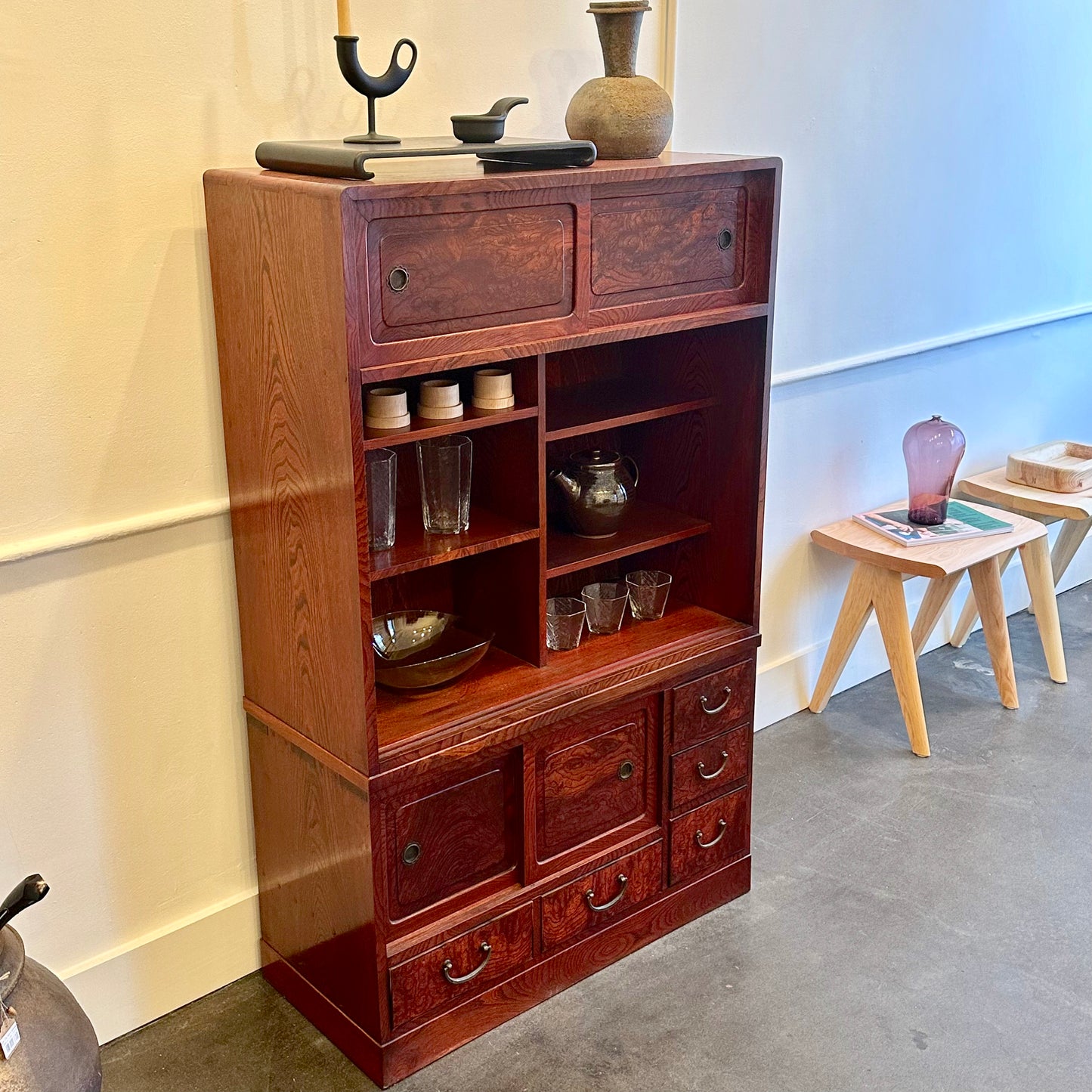 Antique Japanese Display Tansu Taisho Era Keyaki Elm Persimmon Stain Chest 32"W