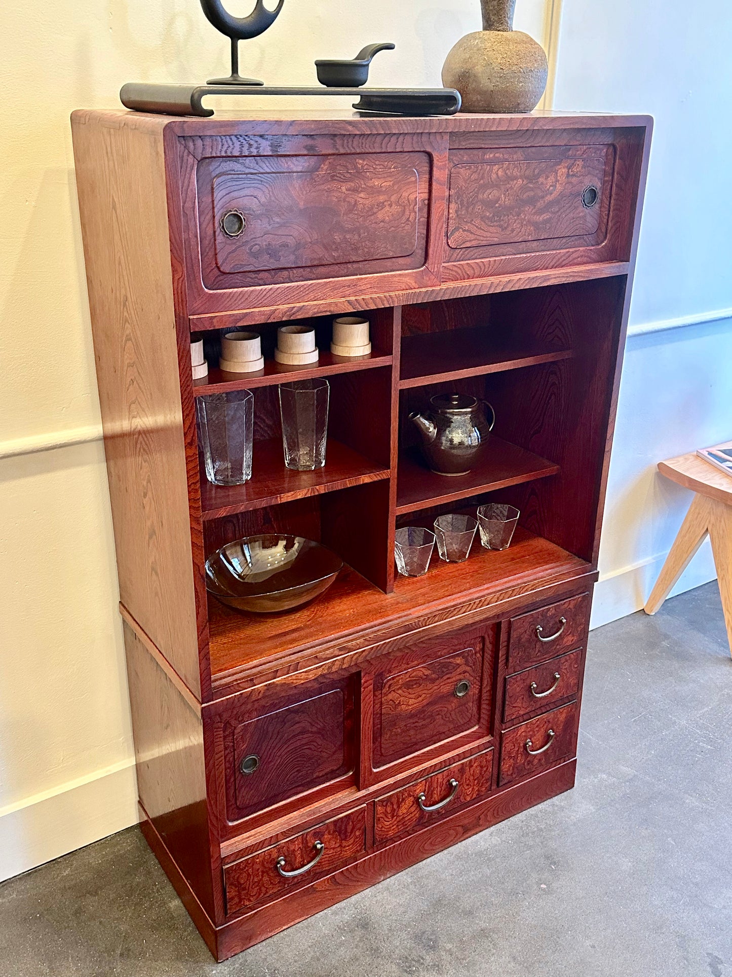 Antique Japanese Display Tansu Taisho Era Keyaki Elm Persimmon Stain Chest 32"W