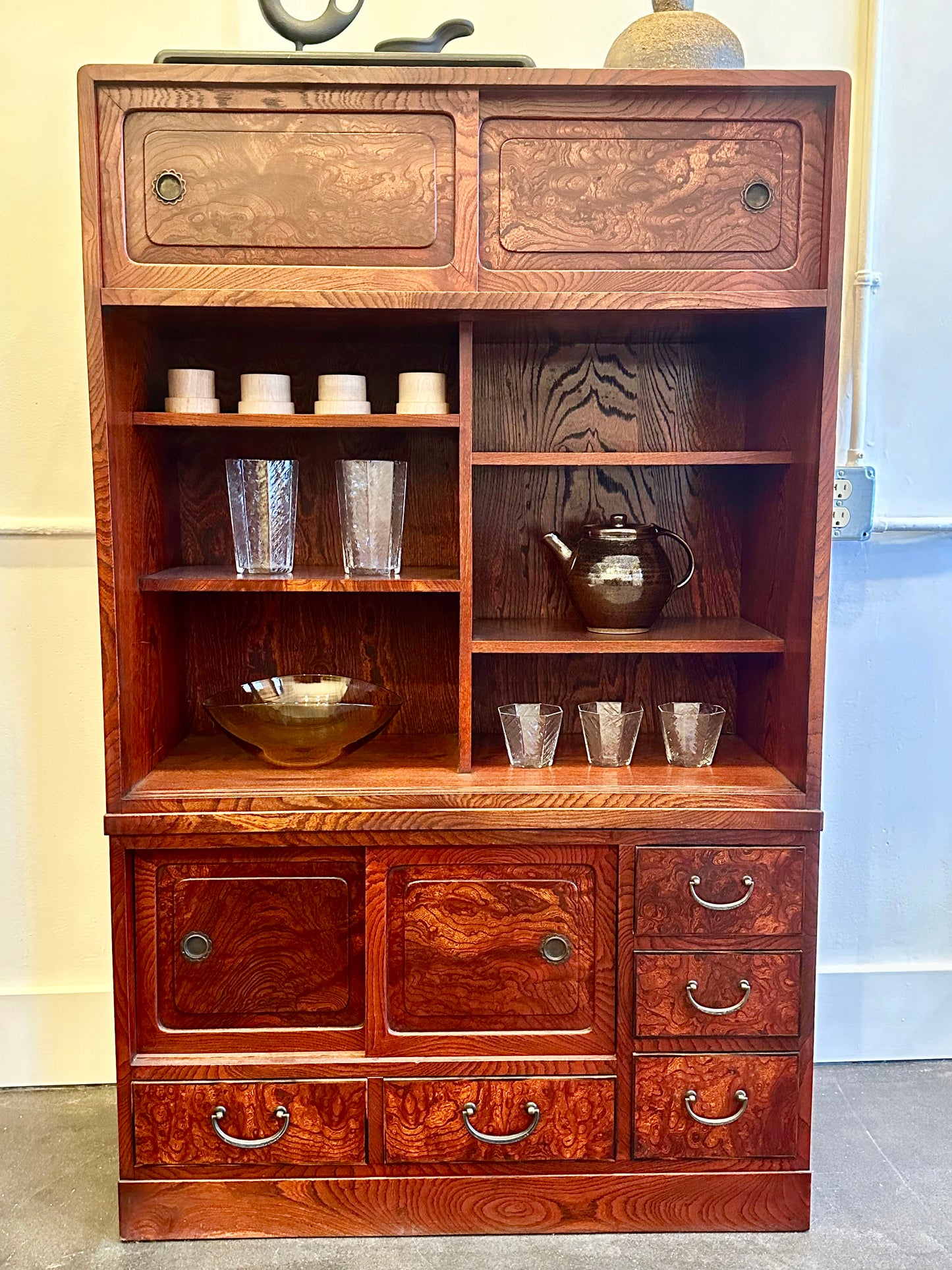 Antique Japanese Display Tansu Taisho Era Keyaki Elm Persimmon Stain Chest 32"W