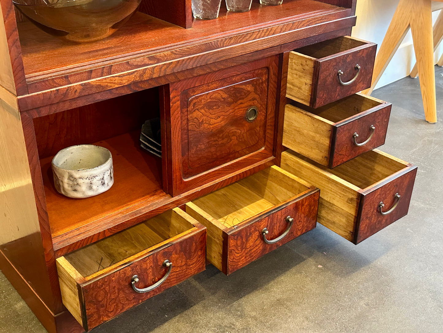 Antique Japanese Display Tansu Taisho Era Keyaki Elm Persimmon Stain Chest 32"W