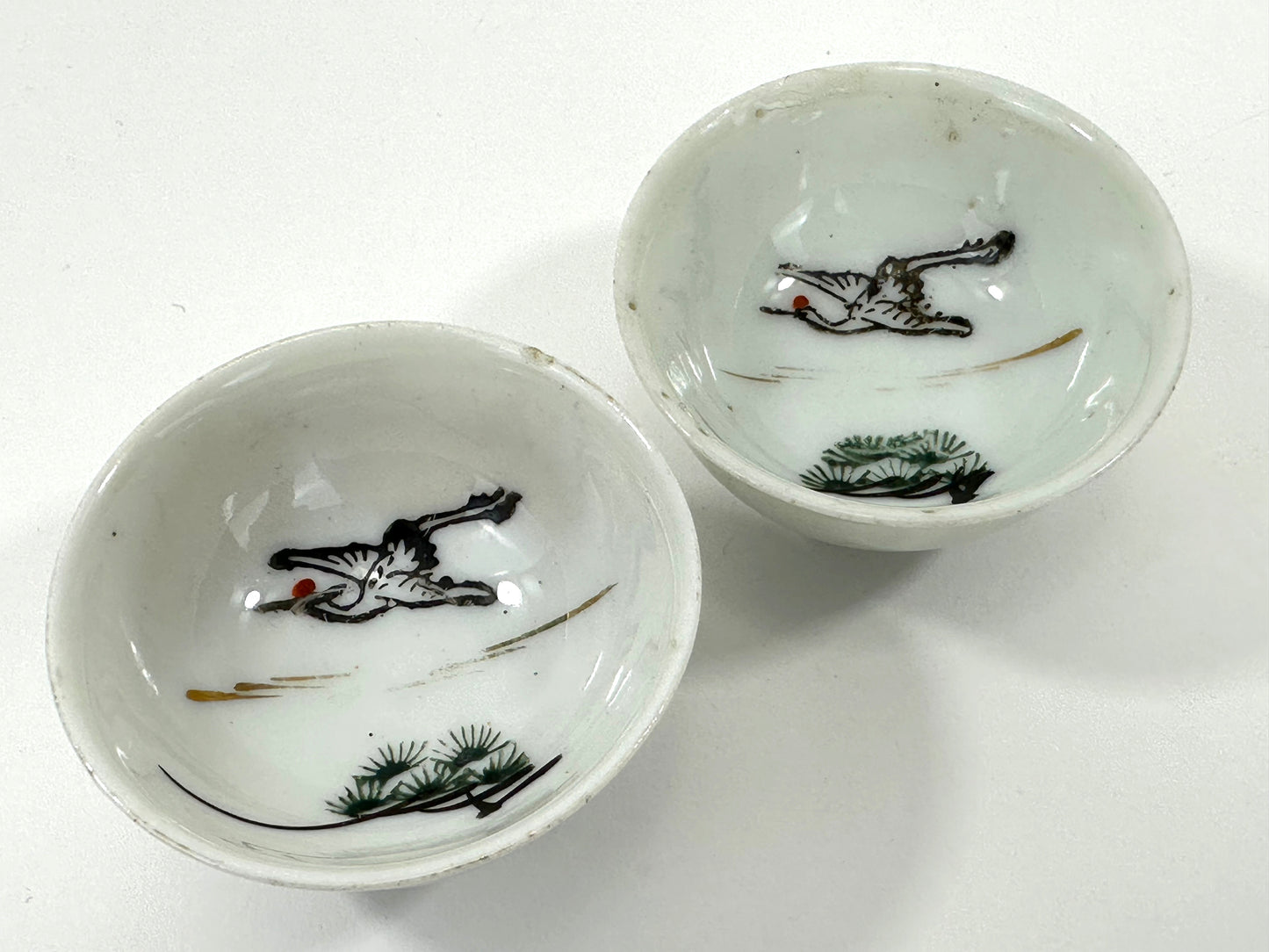 Vintage Japanese Sake Cups (2) Crane with Pine