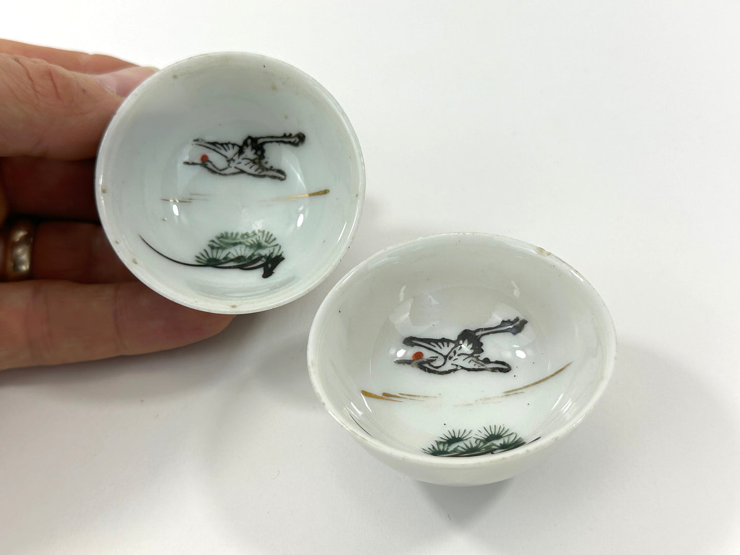 Vintage Japanese Sake Cups (2) Crane with Pine