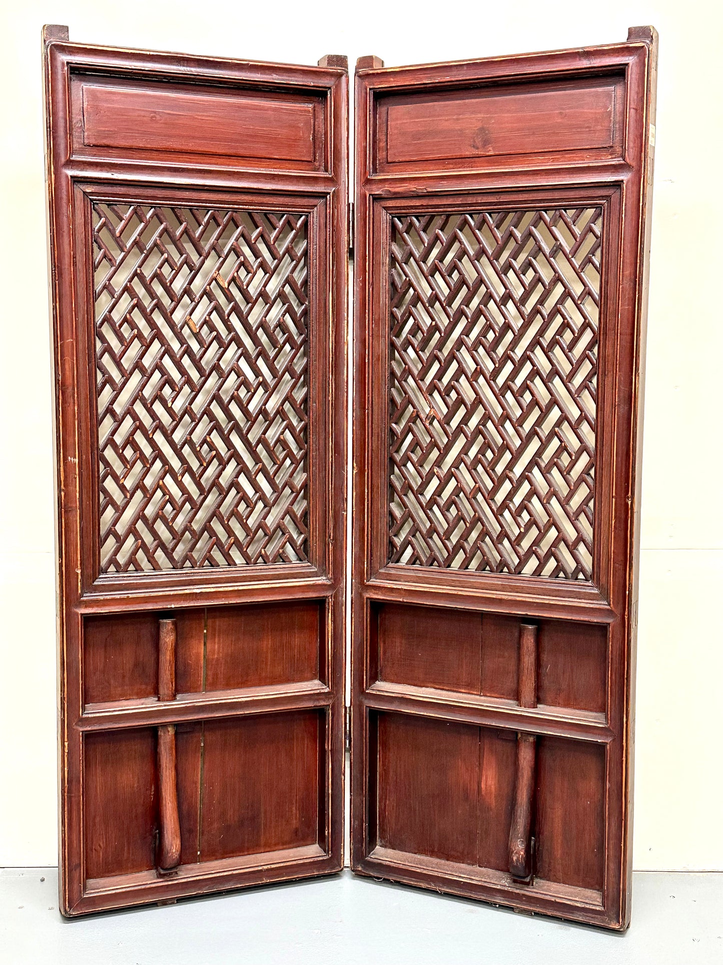 Antique Chinese Qing Dynasty 19th Pair of Lattice Wood Window/Door Panel