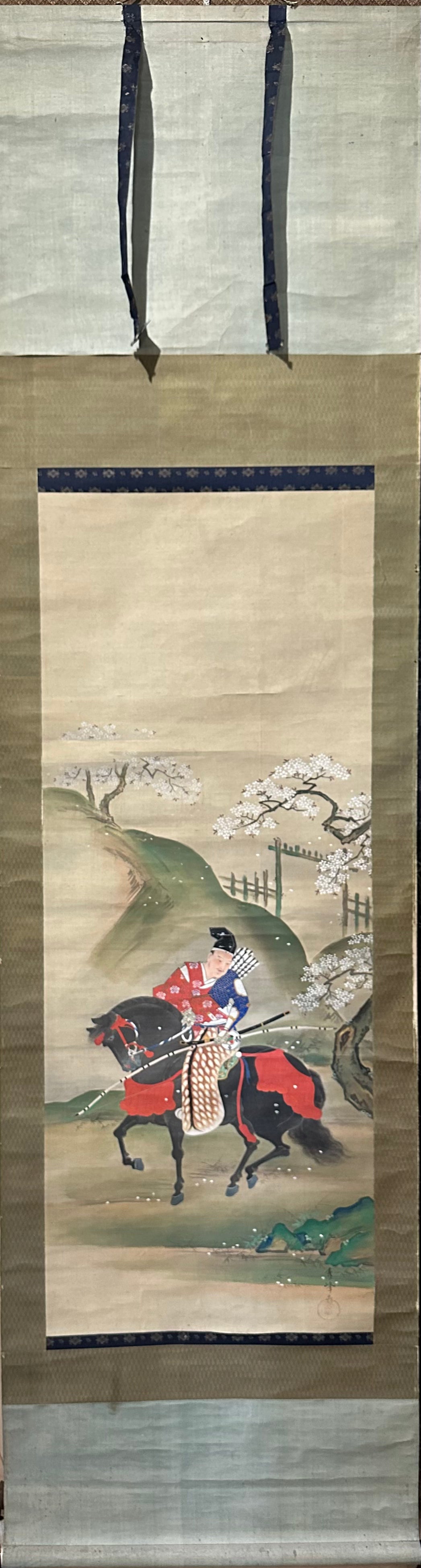 Japanese Antique Scroll Kakejiku Hand Painted Samurai Archer Minamoto 73"