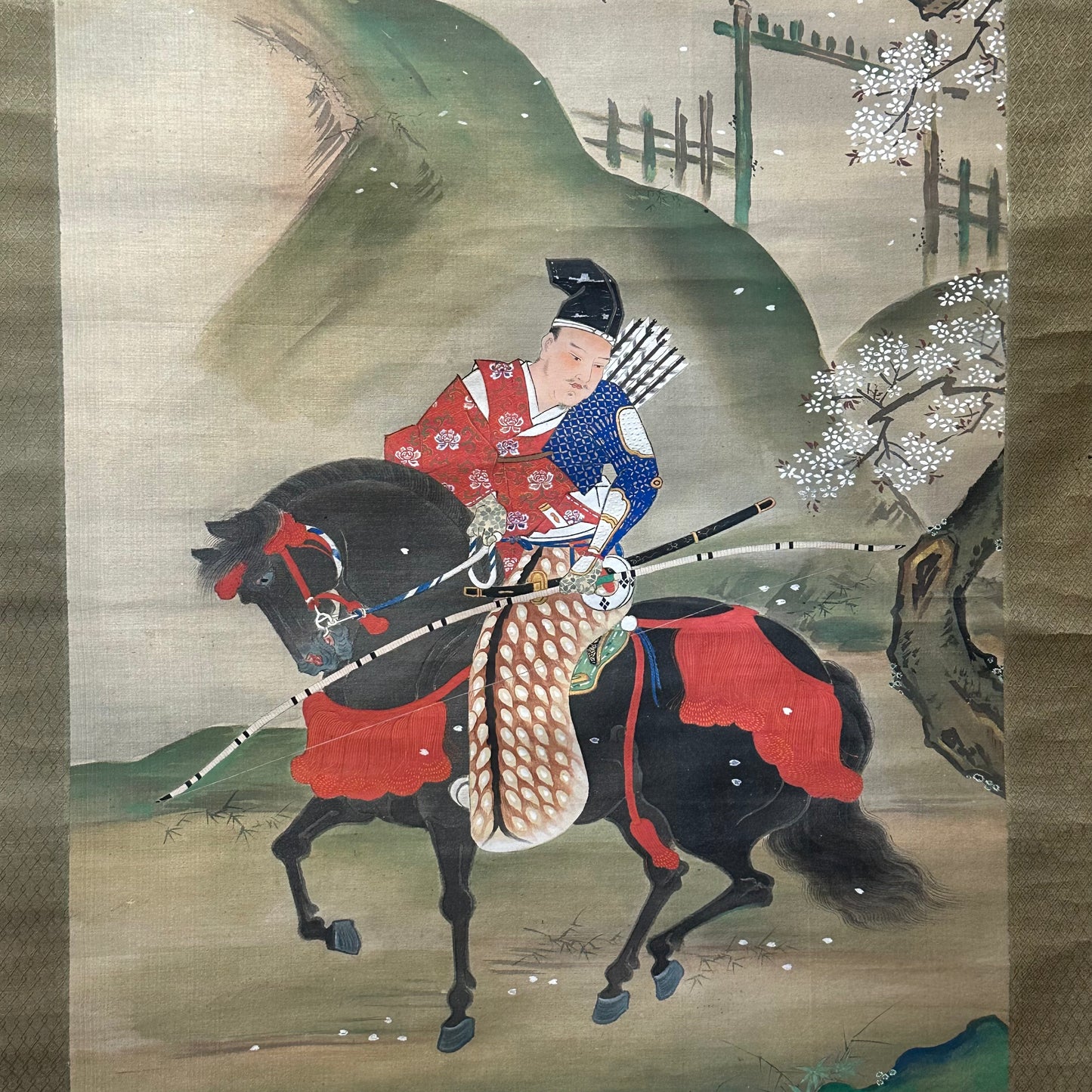 Japanese Antique Scroll Kakejiku Hand Painted Samurai Archer Minamoto 73"