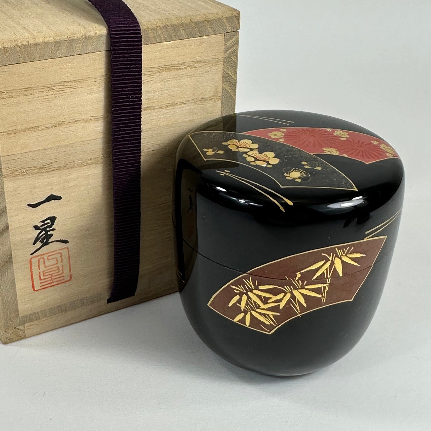 Vintage Japanese Tea Ceremony Natsume Black Lacquer Bamboo Pine Plum 3”