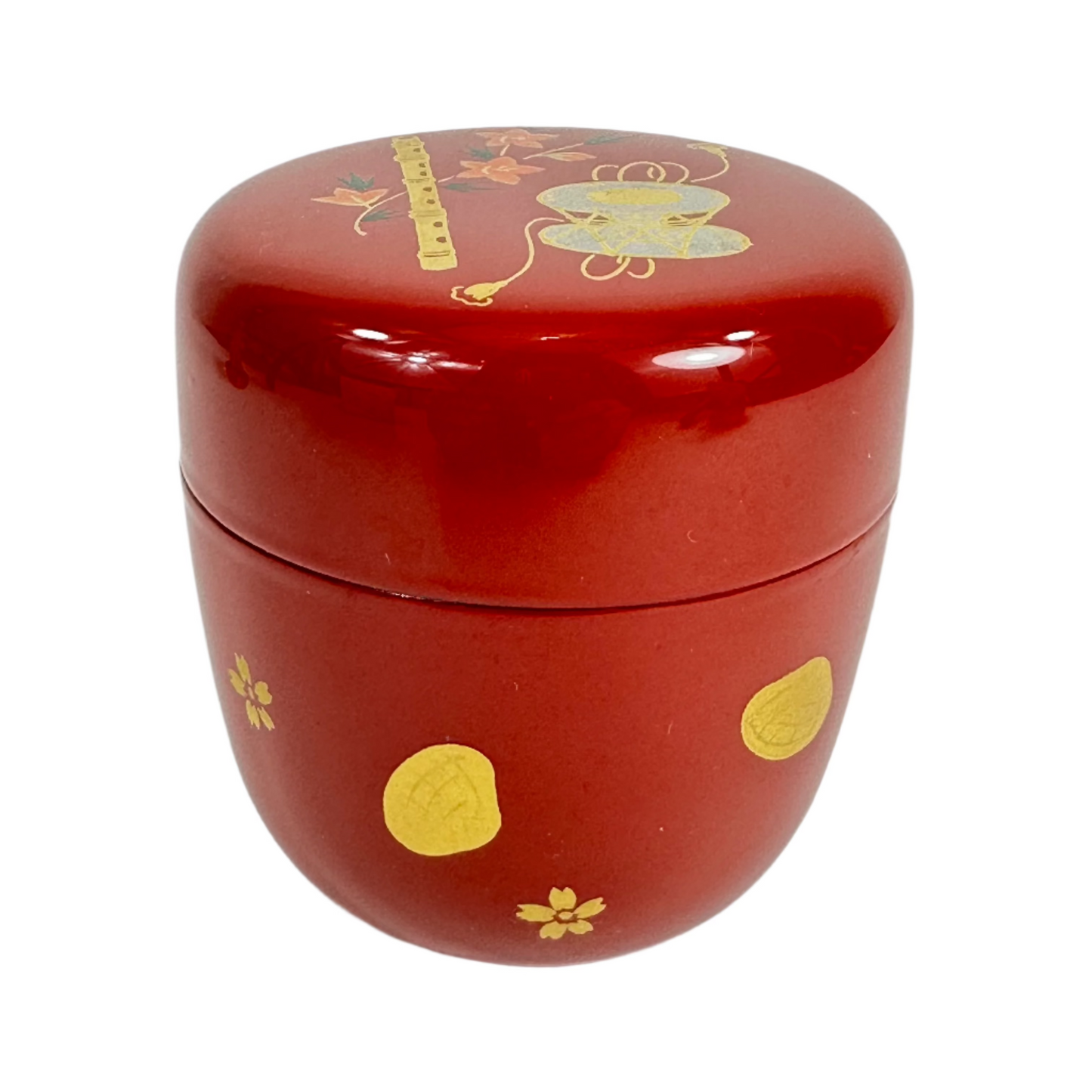 Japanese Tea Ceremony Natsume Red Lacquer Flute & Drum Gold Maki-e 3”