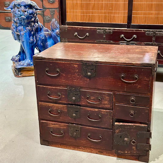 Antique Japanese Meiji Era (c1870’s) Red Lacquer Kodansu Personal Tansu 8 Drawer 23"W