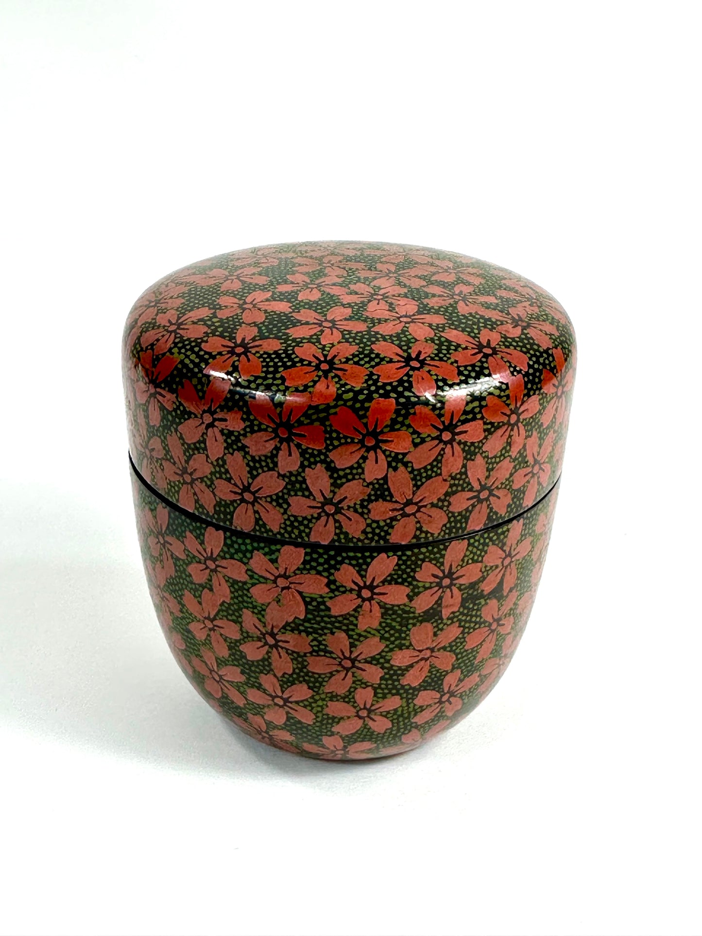 Vintage Japanese Tea Ceremony Natsume Black Lacquer Cherry Blossoms 3"