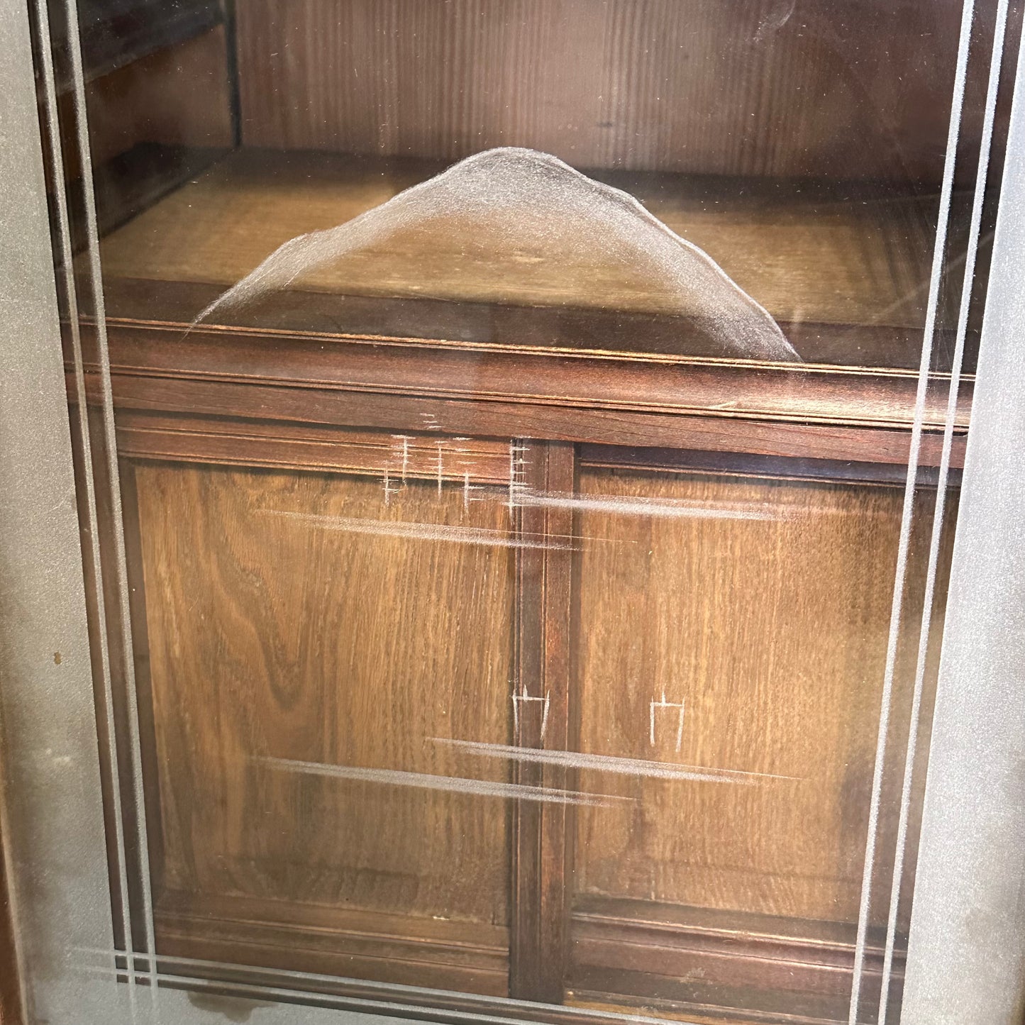 Antique Japanese Chadansu Taisho Era c 1920 Frosted Glass Mt Fuji 26.5"W