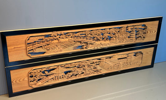Vintage Japanese Ranma PAIR Pagoda & Bridge Carved Transom Screen Sugi Wood 73"