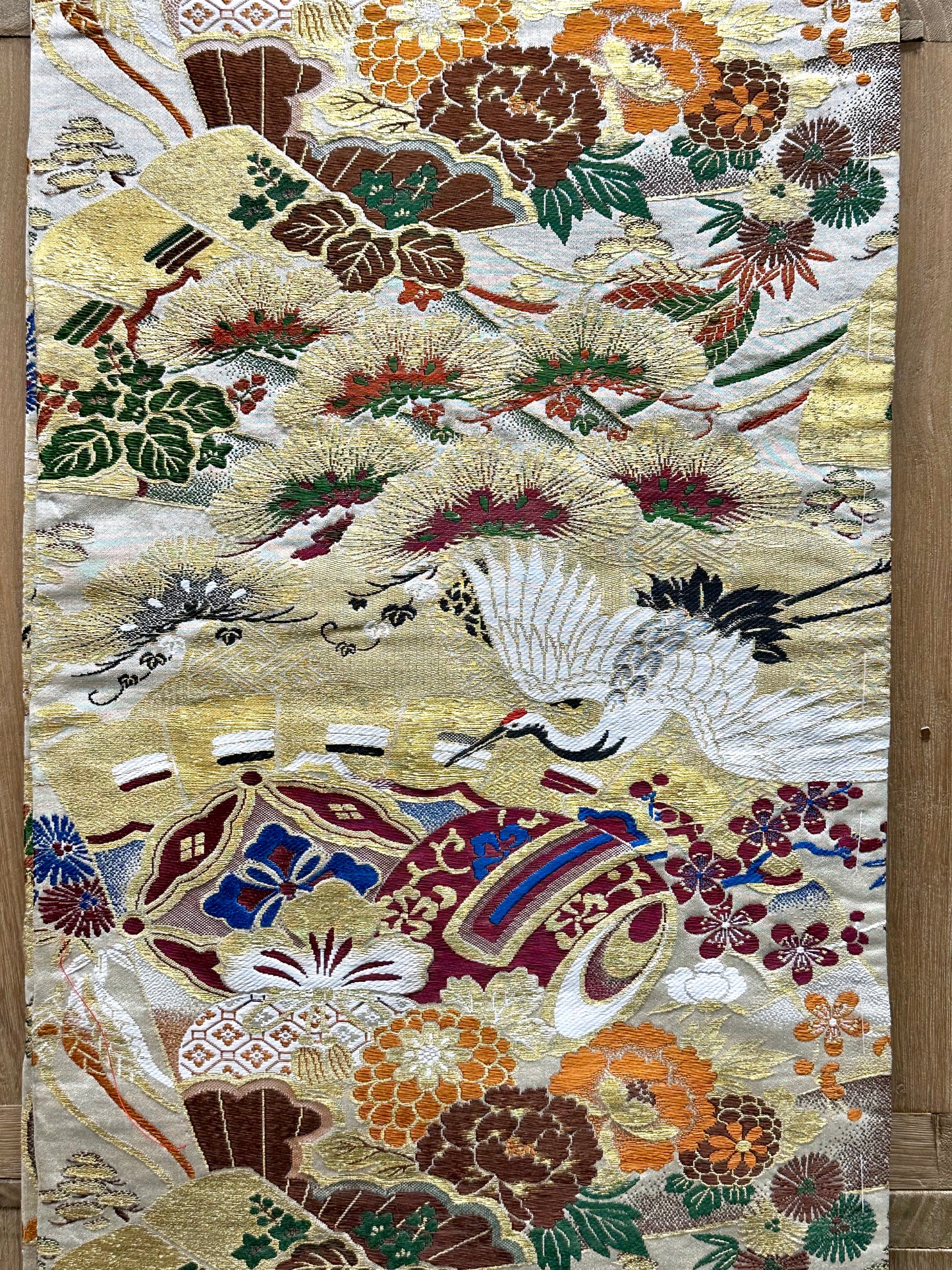 Vintage Japanese Silk Maru Obi Kimono Sash Crane & Daikoku Hammer Motif 13ft
