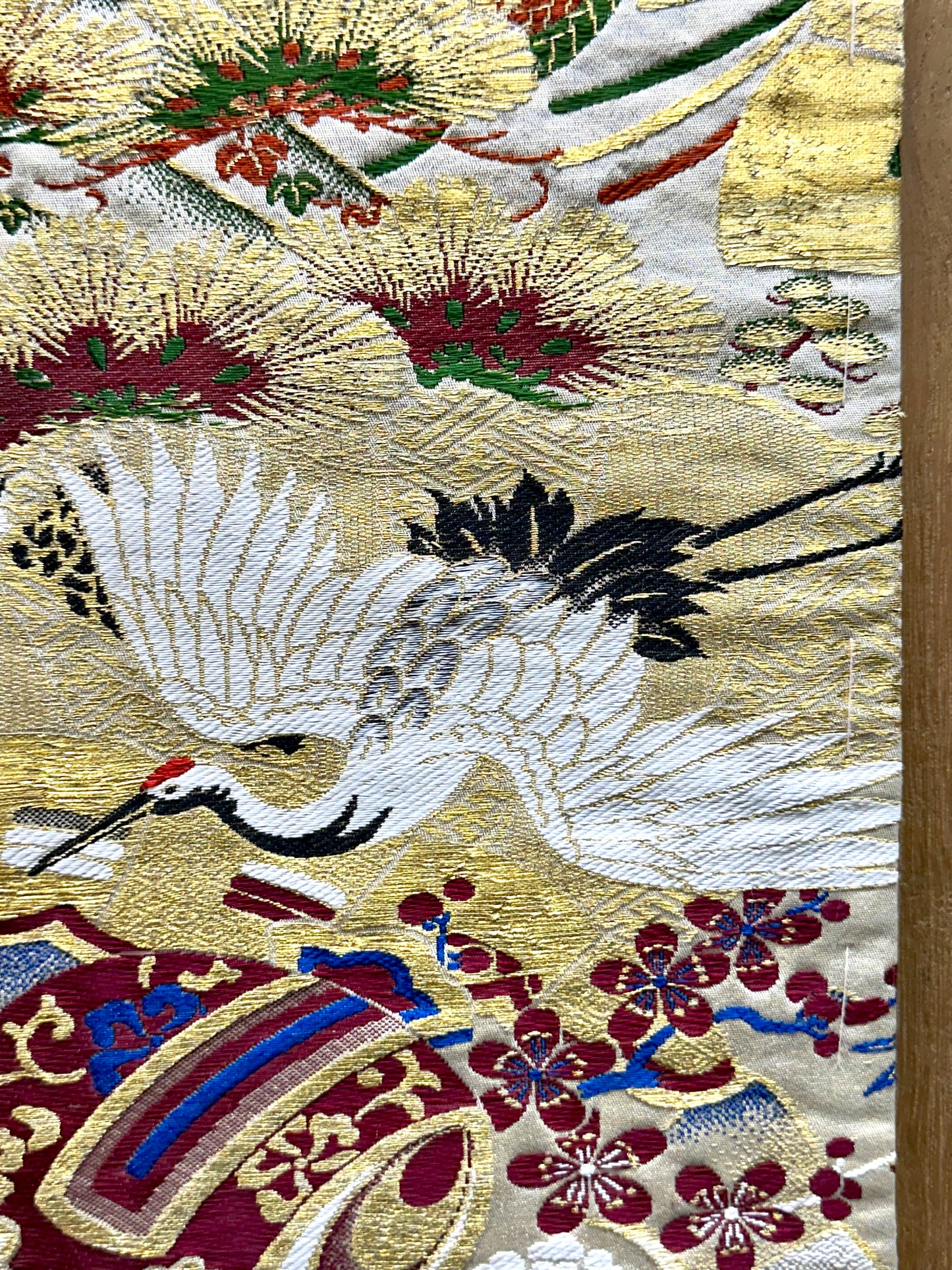 Vintage Japanese Silk Maru Obi Kimono Sash Crane & Daikoku Hammer Motif 13ft