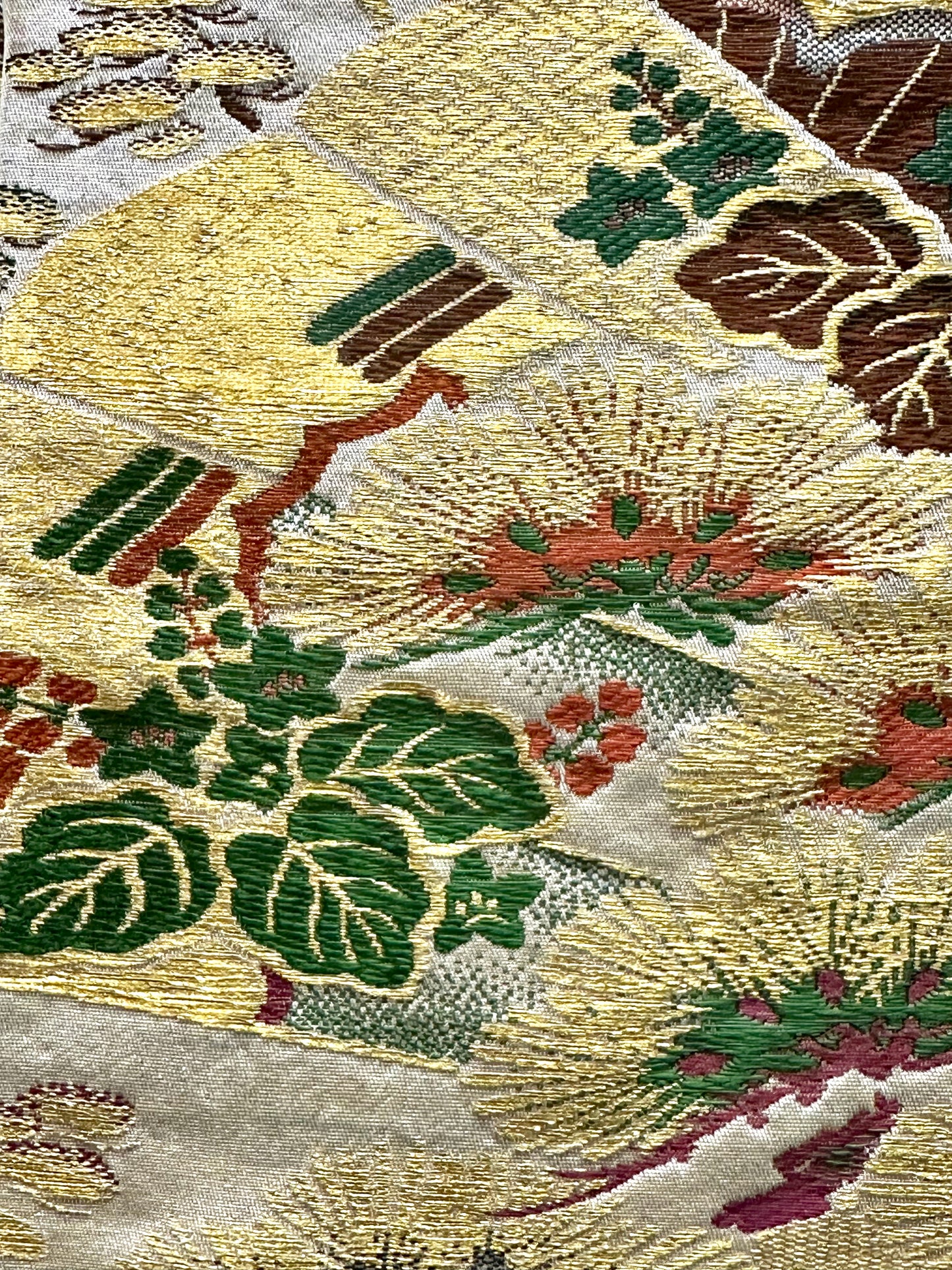 Vintage Japanese Silk Maru Obi Kimono Sash Crane & Daikoku Hammer Motif 13ft
