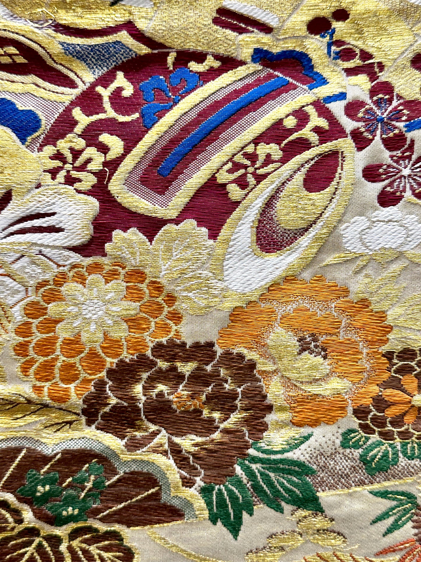 Vintage Japanese Silk Maru Obi Kimono Sash Crane & Daikoku Hammer Motif 13ft