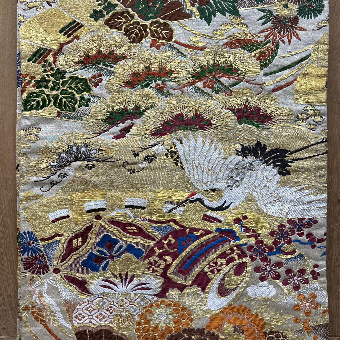 Vintage Japanese Silk Maru Obi Kimono Sash Crane & Daikoku Hammer Motif 13ft
