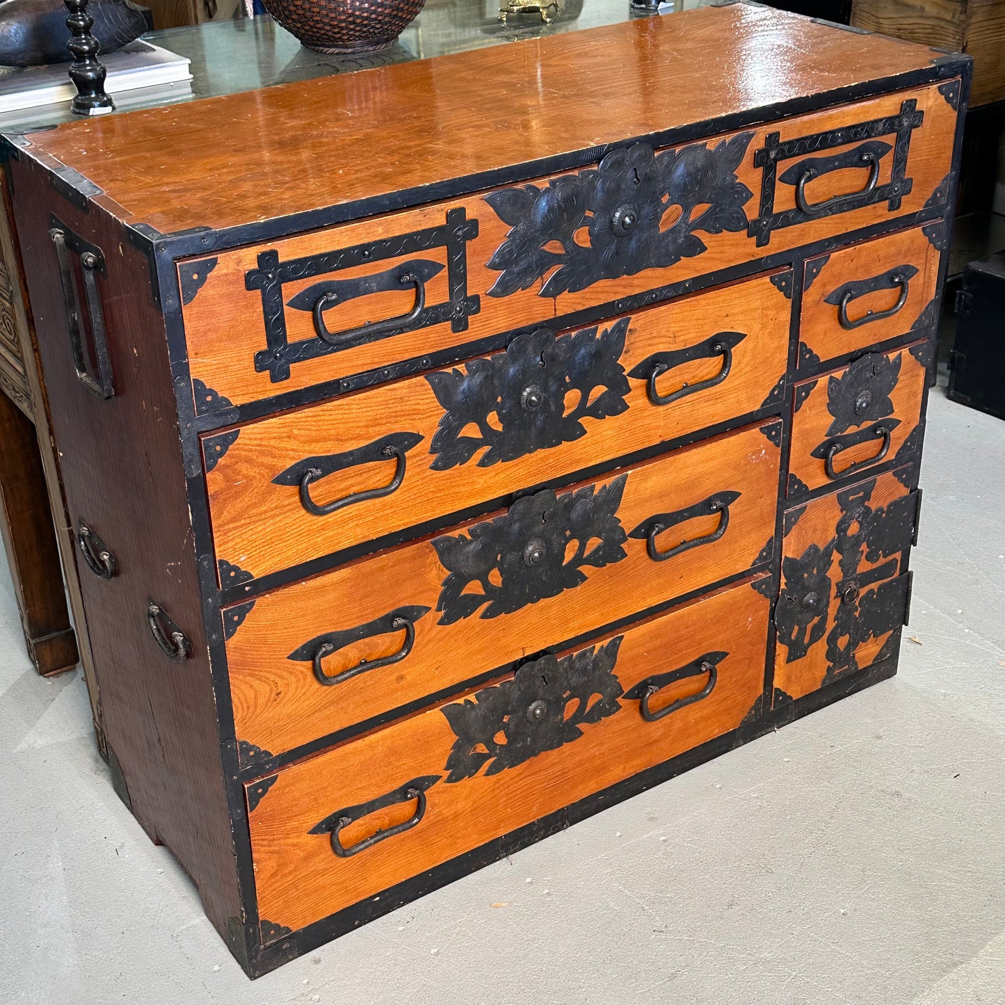 Antique Japanese Meiji Era c1880's Sendai Clothing Tansu Chest Peony 36"W