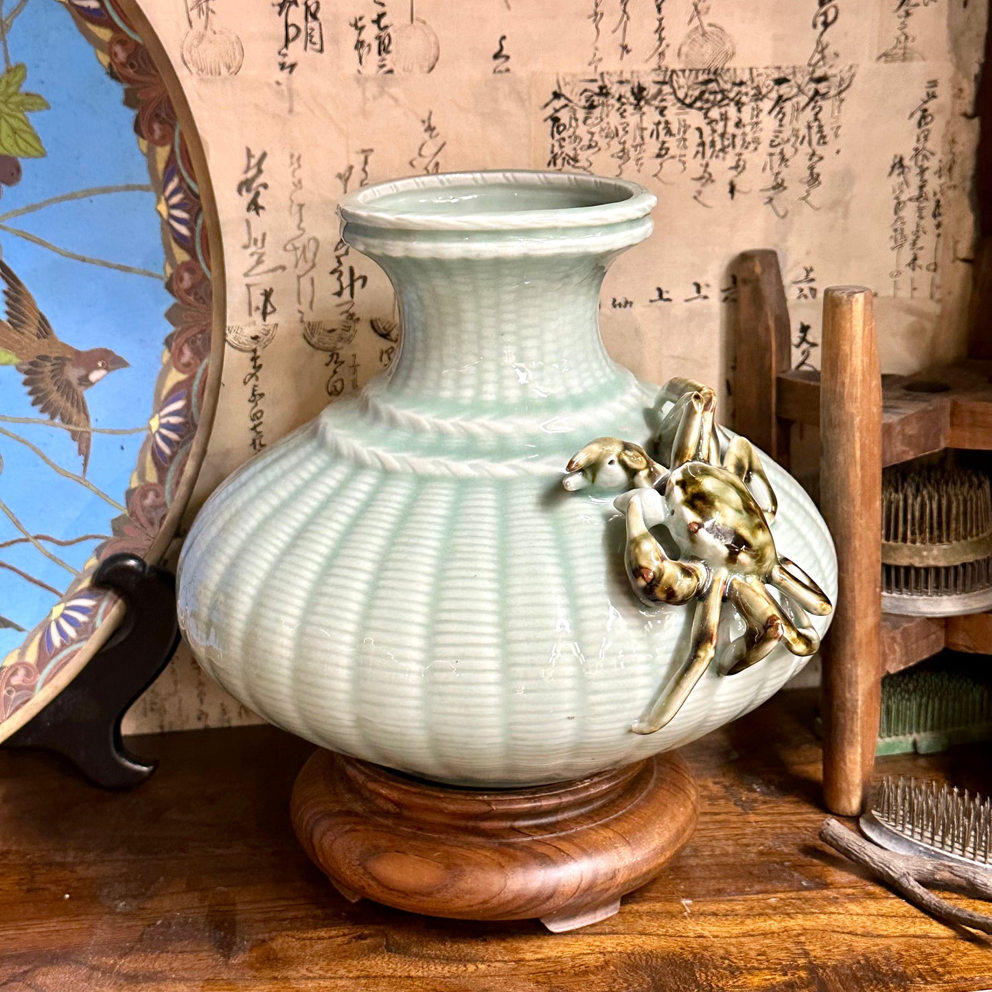 Vintage Japanese Celadon Basket-Weave Vase with Applied Crab 9.5"