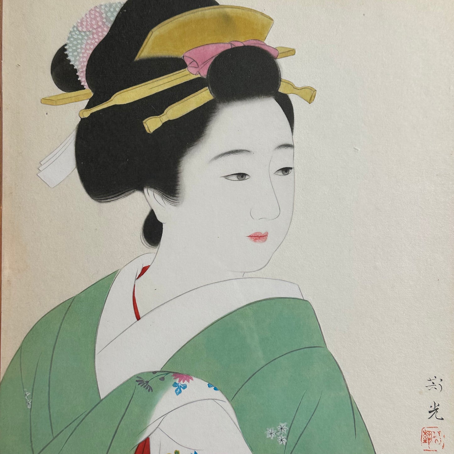 Elegant Portrait of a Geisha in Green Kimono Shin-hanga Style 14"H