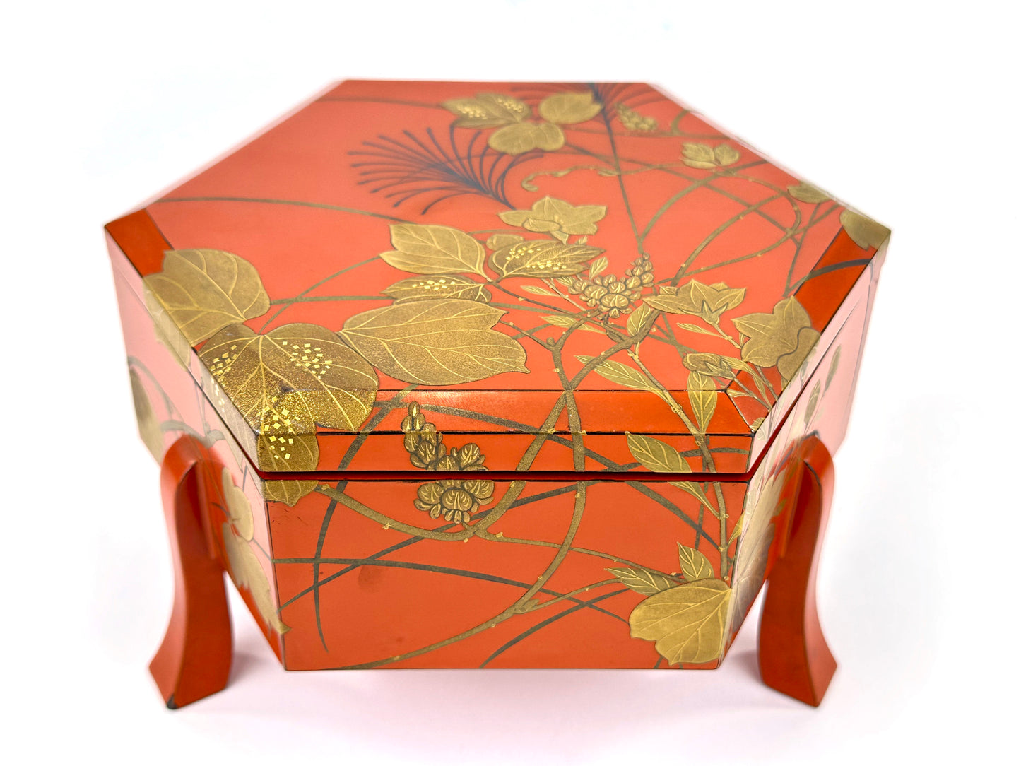 Antique Japanese Vermilion Hexagonal Lacquer Box Gold Maki-e Floral Motif