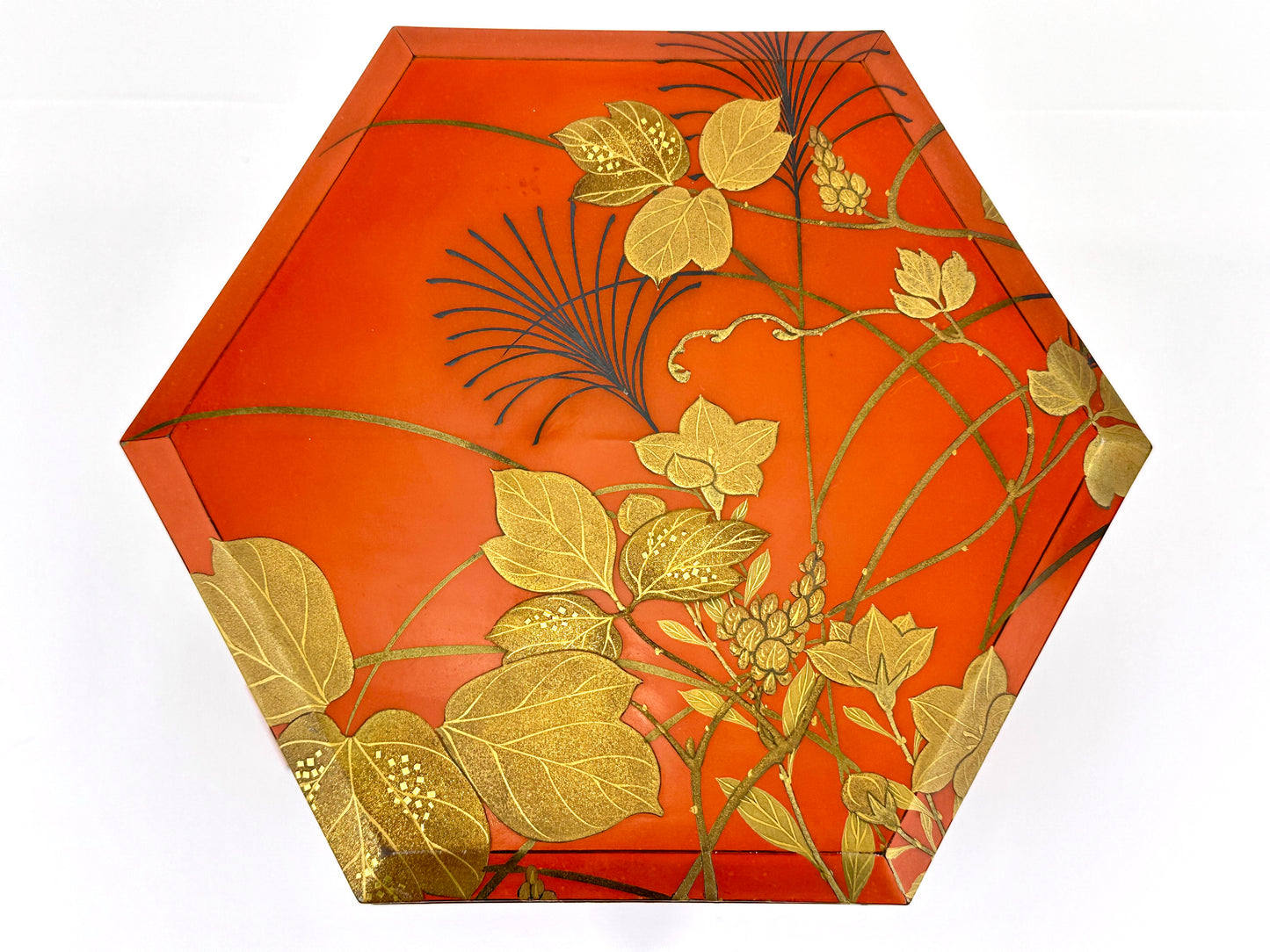 Antique Japanese Vermilion Hexagonal Lacquer Box Gold Maki-e Floral Motif
