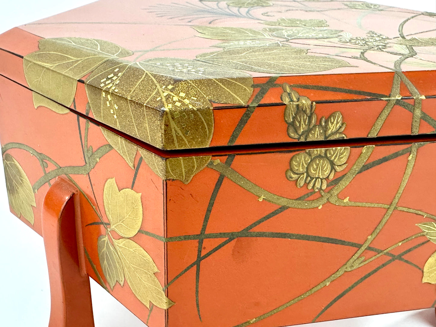 Antique Japanese Vermilion Hexagonal Lacquer Box Gold Maki-e Floral Motif
