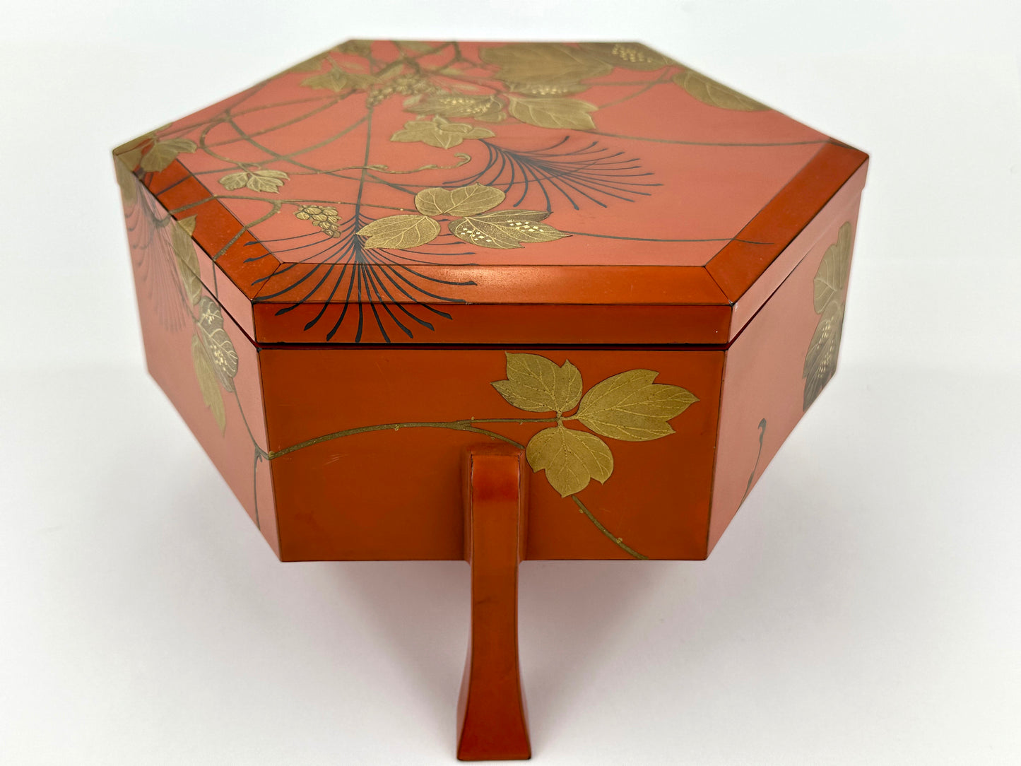 Antique Japanese Vermilion Hexagonal Lacquer Box Gold Maki-e Floral Motif