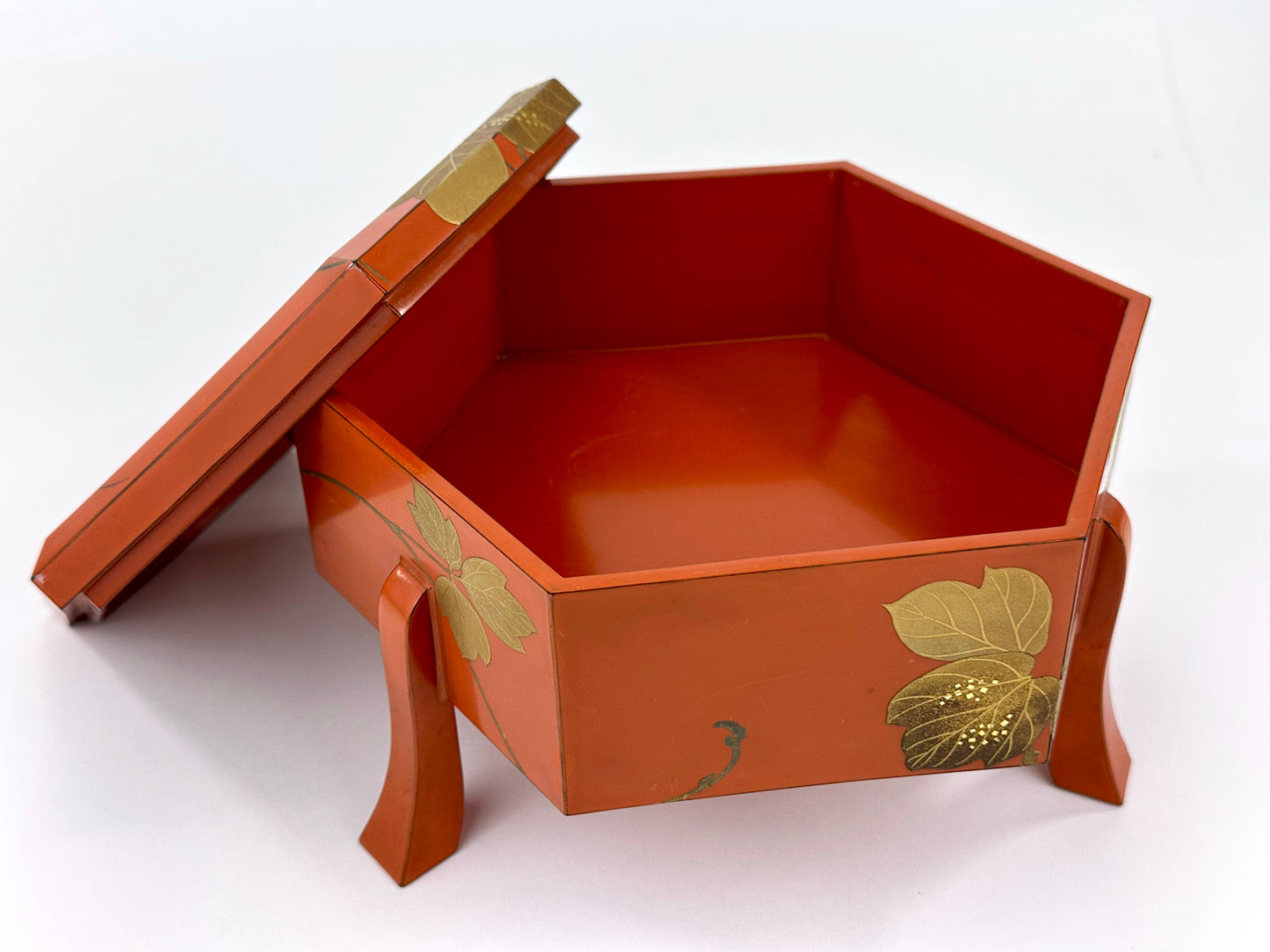 Antique Japanese Vermilion Hexagonal Lacquer Box Gold Maki-e Floral Motif
