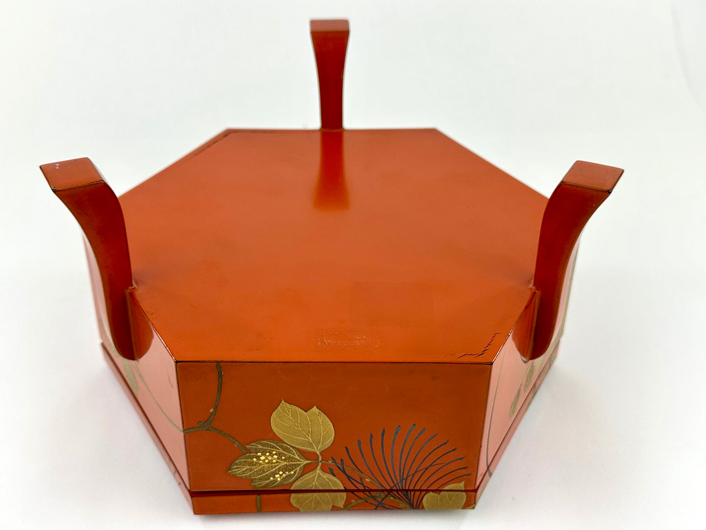 Antique Japanese Vermilion Hexagonal Lacquer Box Gold Maki-e Floral Motif
