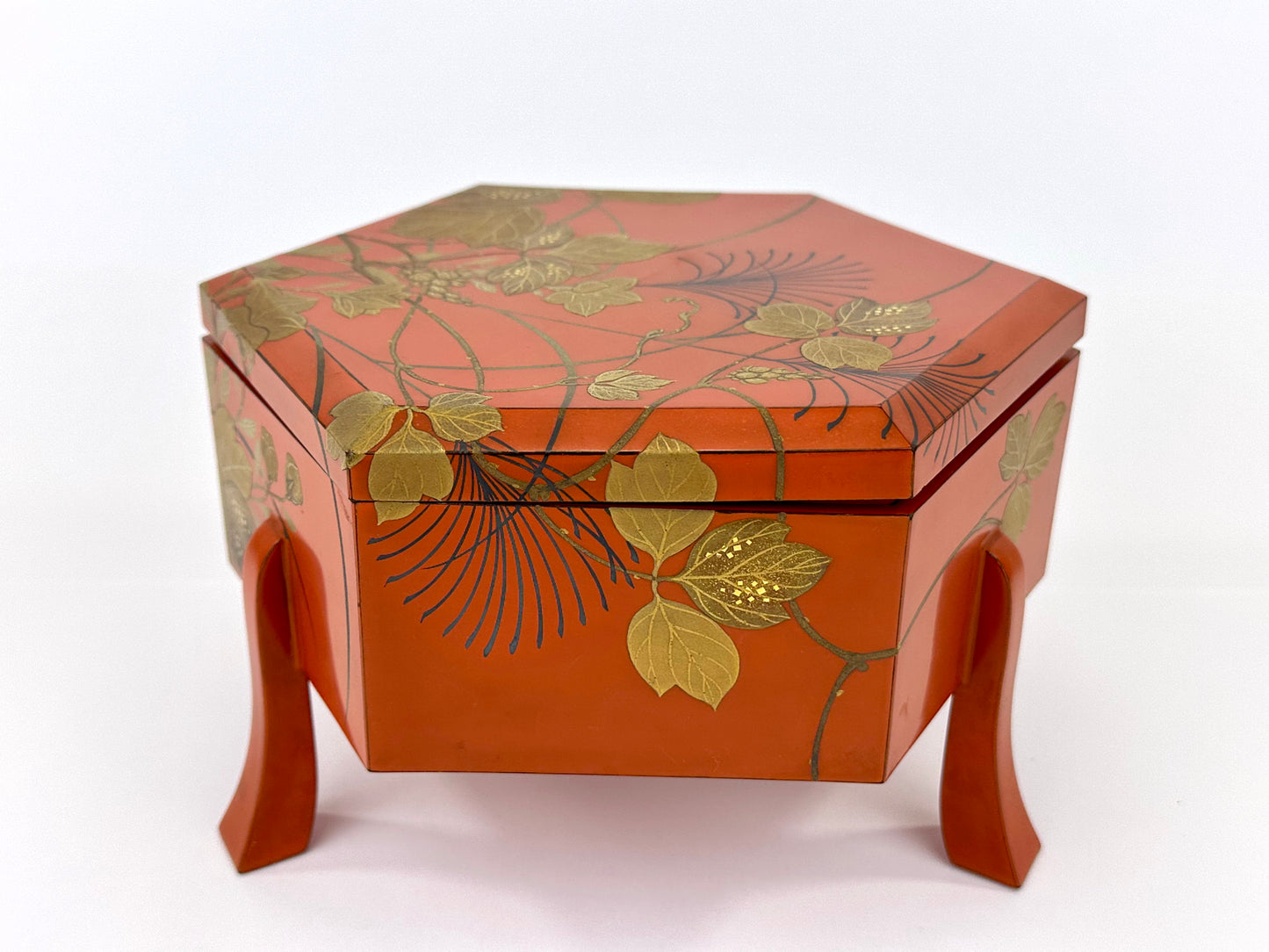 Antique Japanese Vermilion Hexagonal Lacquer Box Gold Maki-e Floral Motif