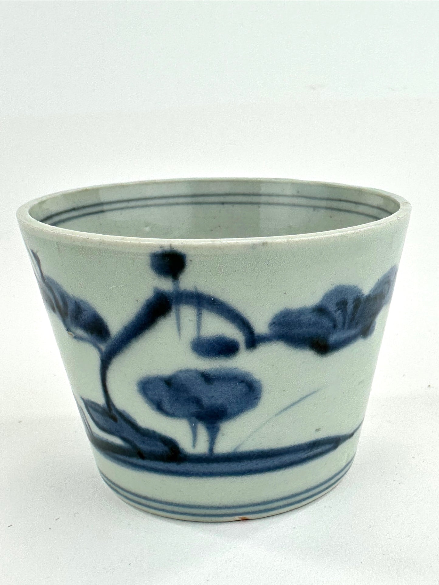 Antique Japanese Late Edo Period Blue & White Porcelain Sobachoko Cup Brush Painted Flora Design