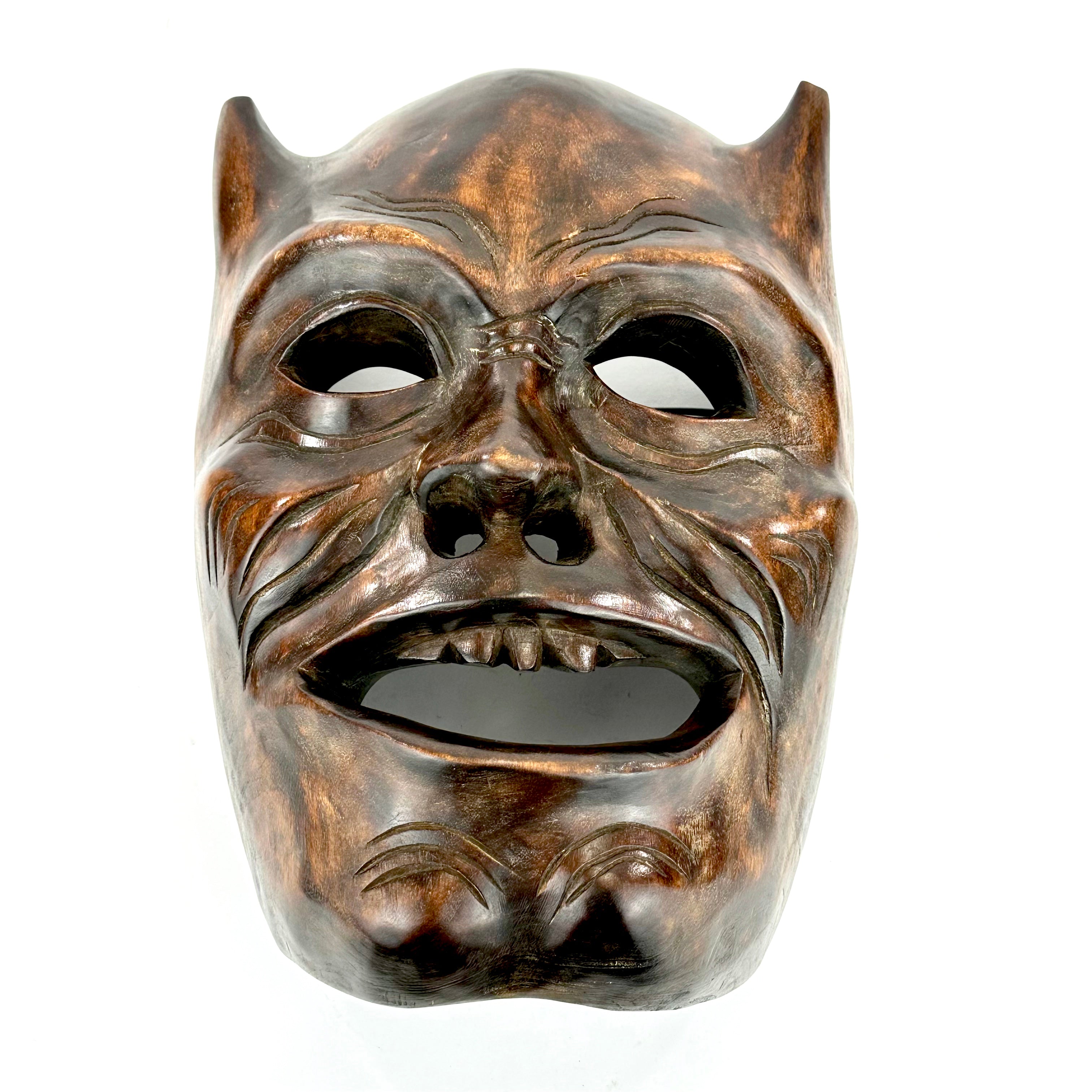 Vintage Japanese c1950's Folk Art Oni Mask Hand Carved Wood Wall