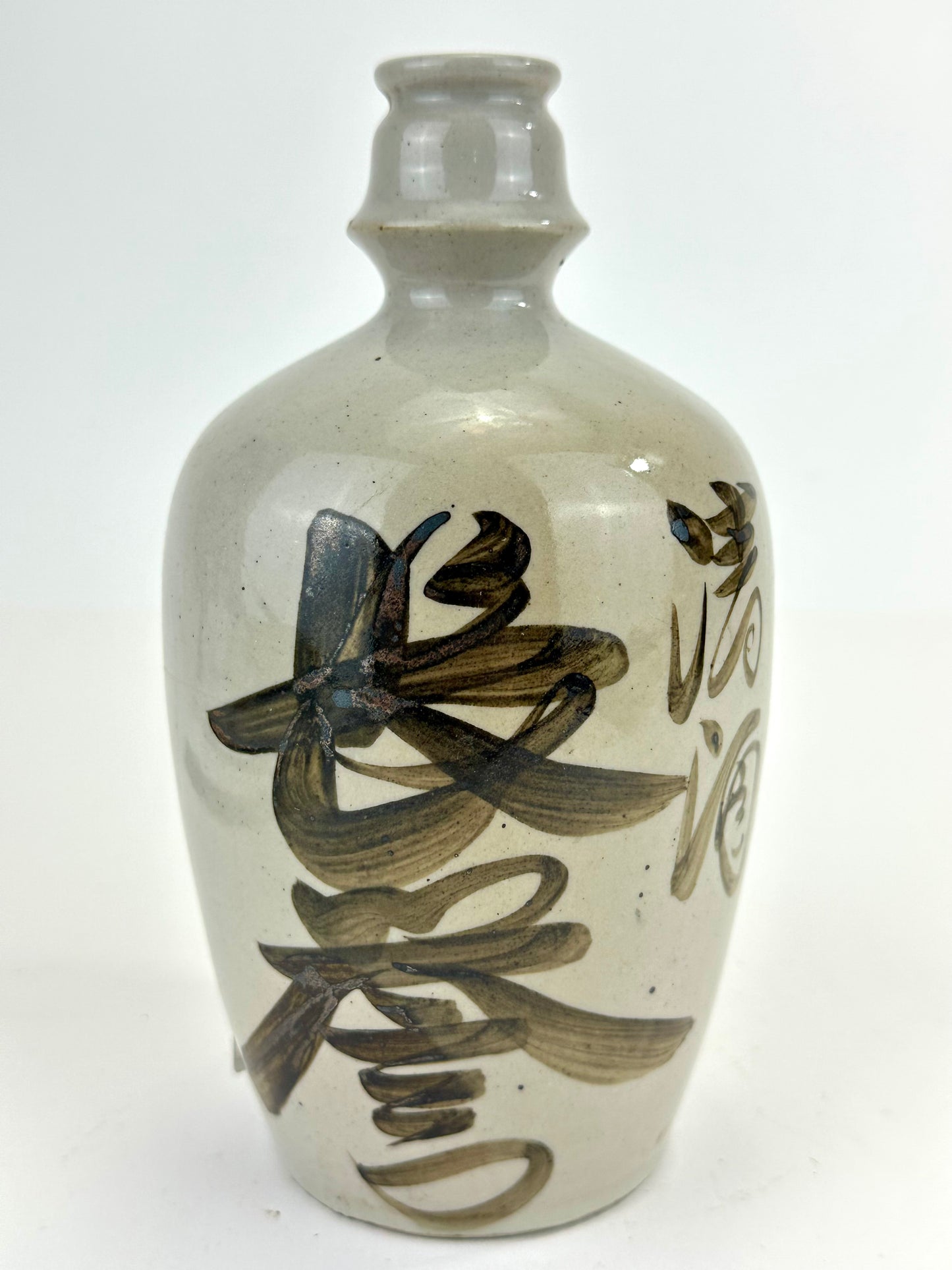 Antique Japanese 1800's Tokkuri Sake Jug Calligraphy Ceramic Mingei Vase 7"