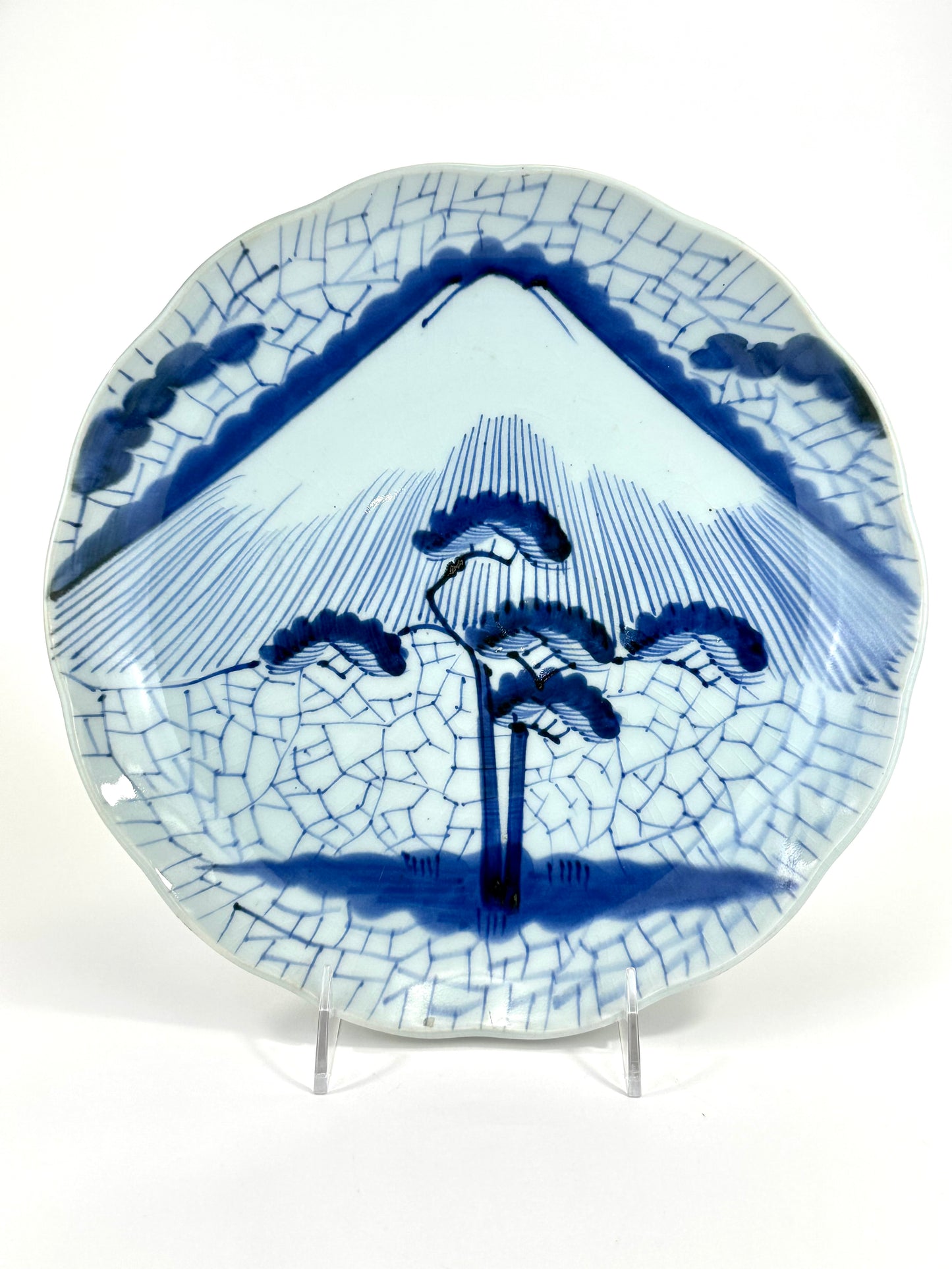 Antique Japanese Late Edo Imari Porcelain Plate with Mount Fuji & Pine Tree 11"