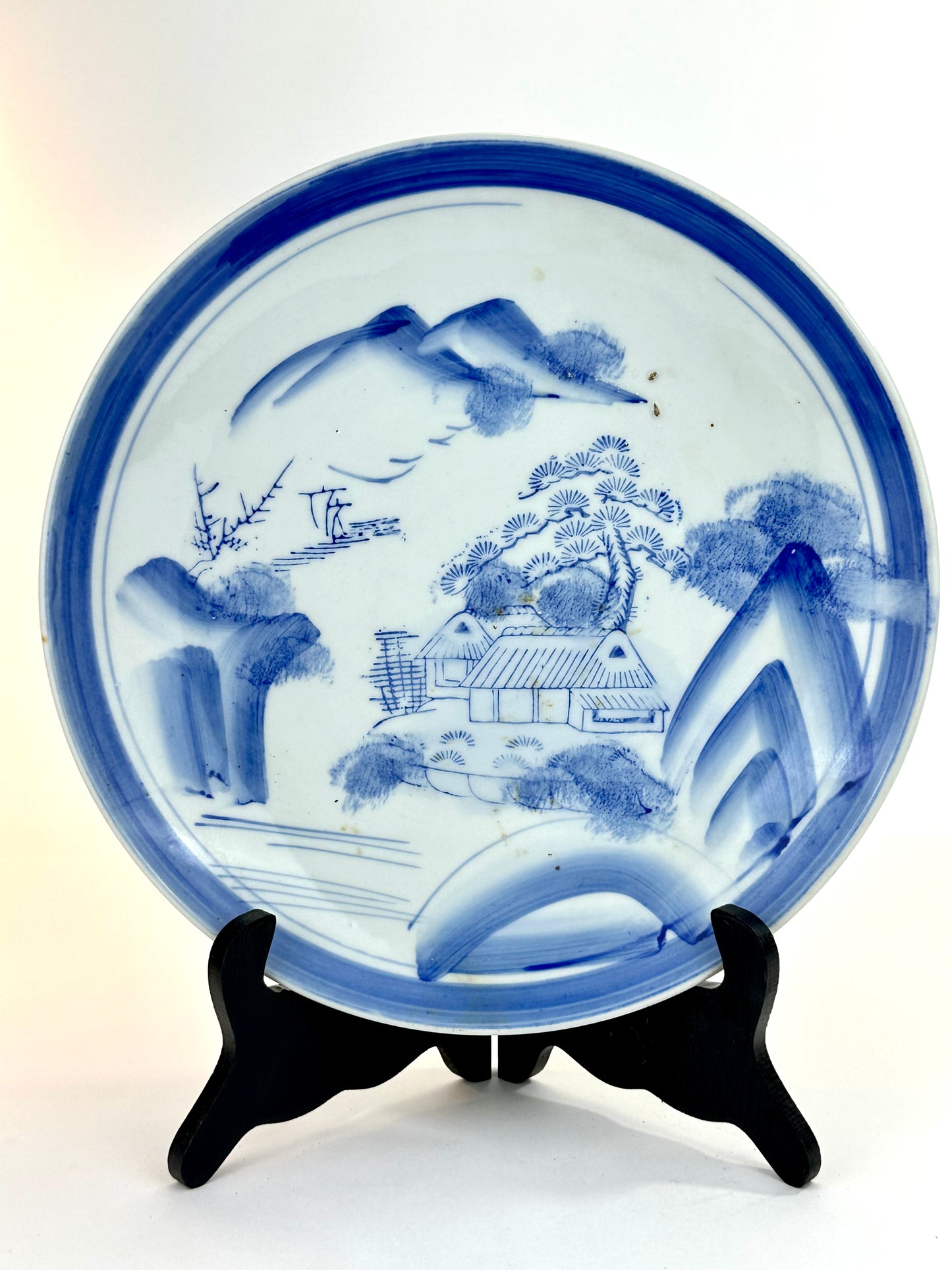 Antique Japanese Meiji Period Blue & White Porcelain Landscape Plate 11"W