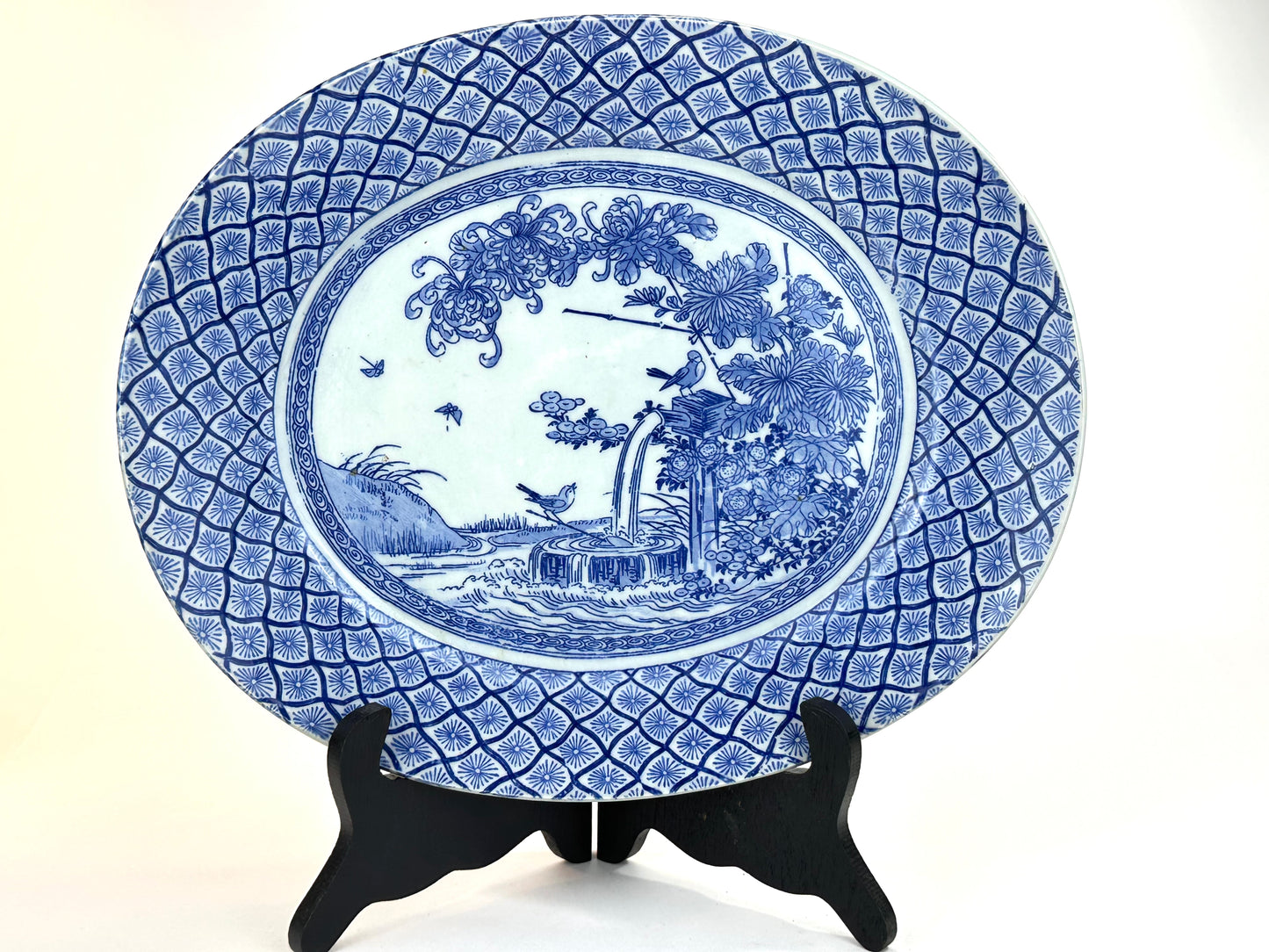 Antique Japanese Meiji Period c1890's Blue & White Porcelain Landscape Plate 12"W