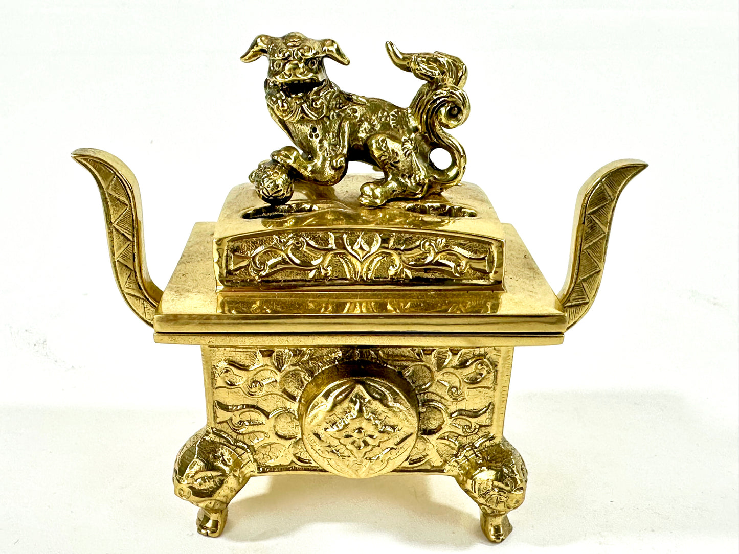 Antique Japanese Gilt Bronze Koro Incense Burner Shishi Lion Finial ~4"W